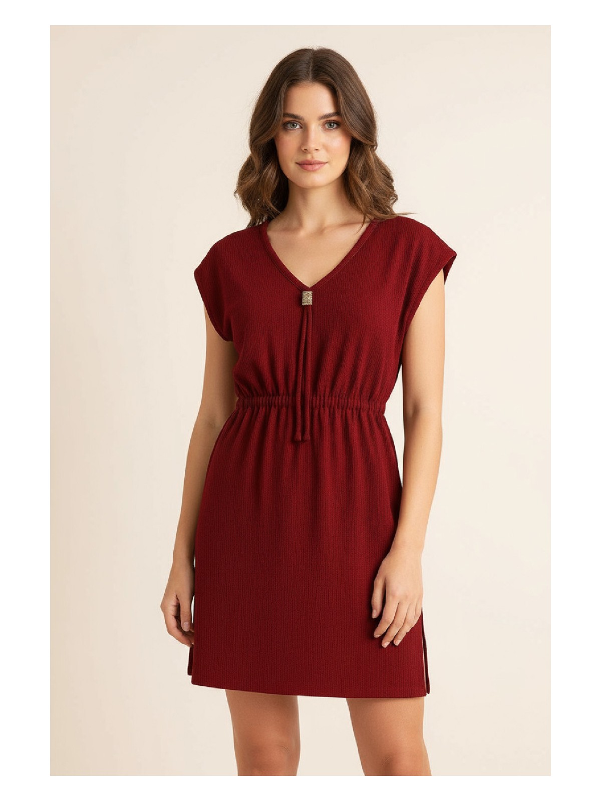 İlk El Grup Ieg™ Kadın Bordo Yanları Yırtmaçlı Tokalı V Yaka Mini Plaj Elbisesi