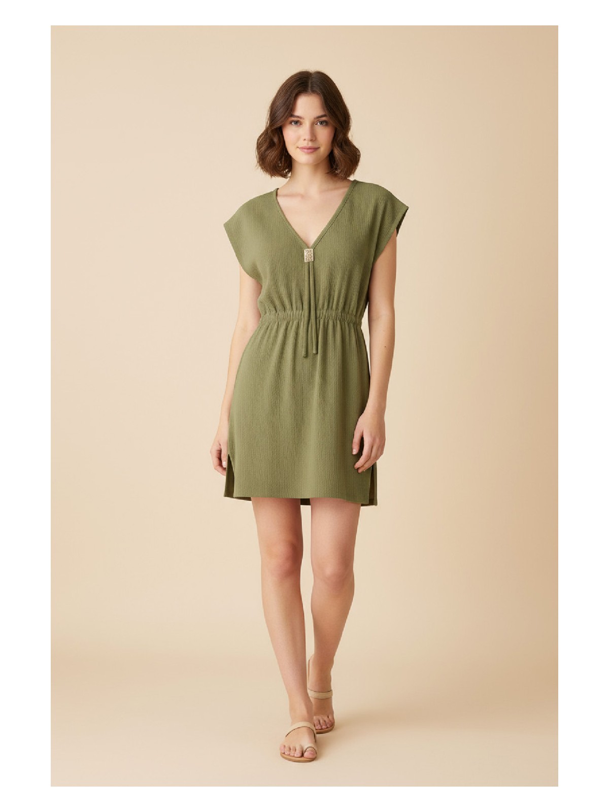 İlk El Grup Ieg™ Kadın Haki Yanları Yırtmaçlı Tokalı V Yaka Mini Plaj Elbisesi