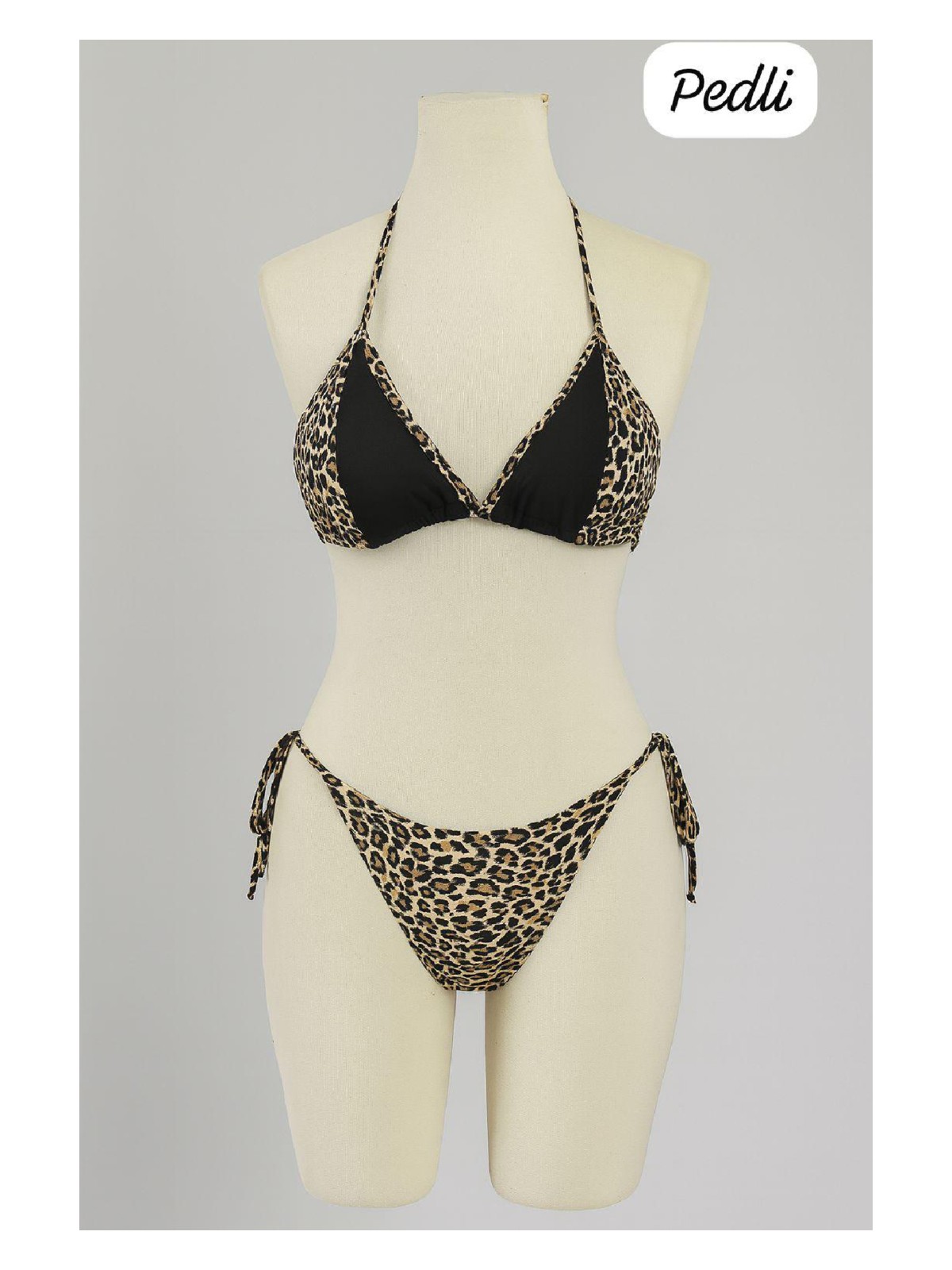 İlk El Grup Ieg™ Kadın Siyah ve Leopar Detaylı Yandan Bağlamalı Bikini Takımı