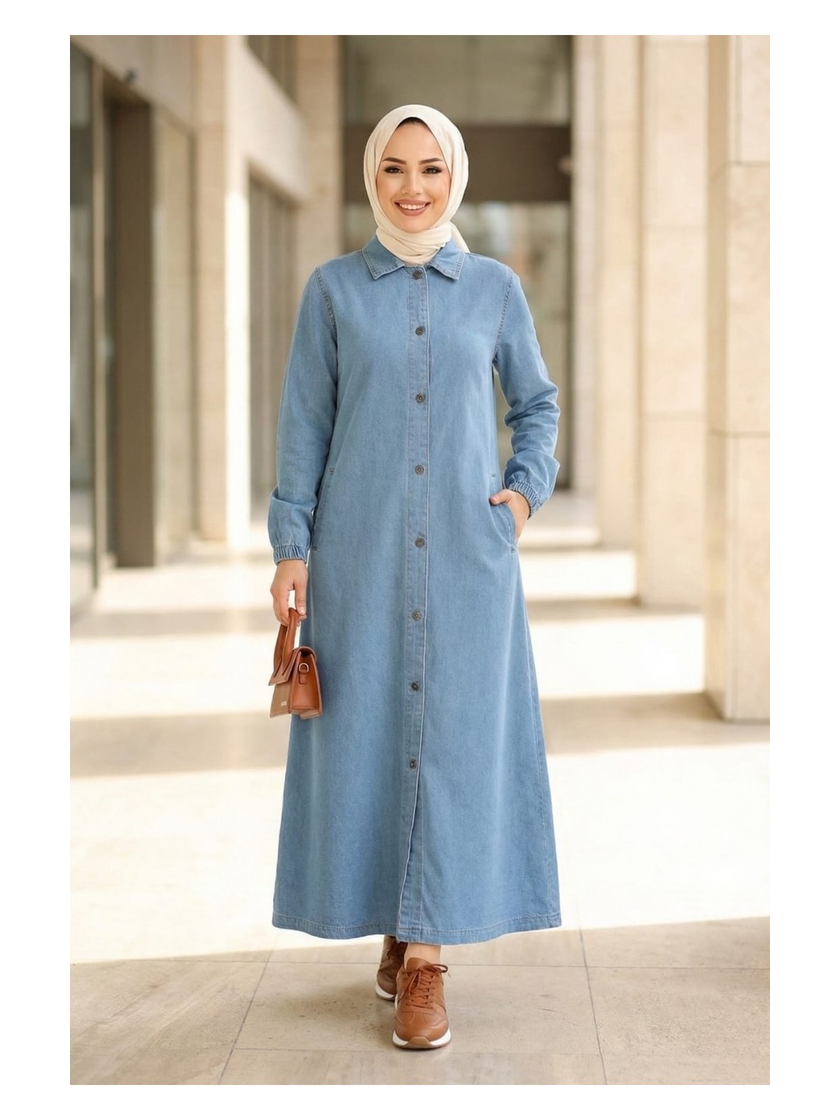 Kadın Düğmeli Cepli Koyu Kot Mavi Kap - Görsel 4