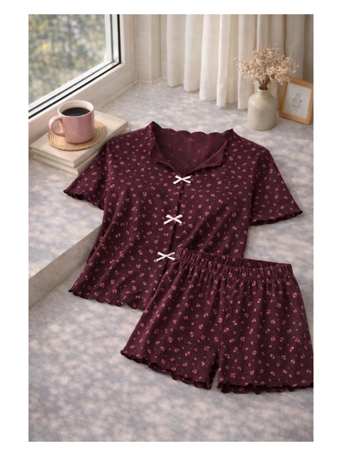 Koza İç Giyim Kadın Çiçek Desenli Fiyonklu Kaşkorse Kısa Kollu Şort Takım - Görsel 6