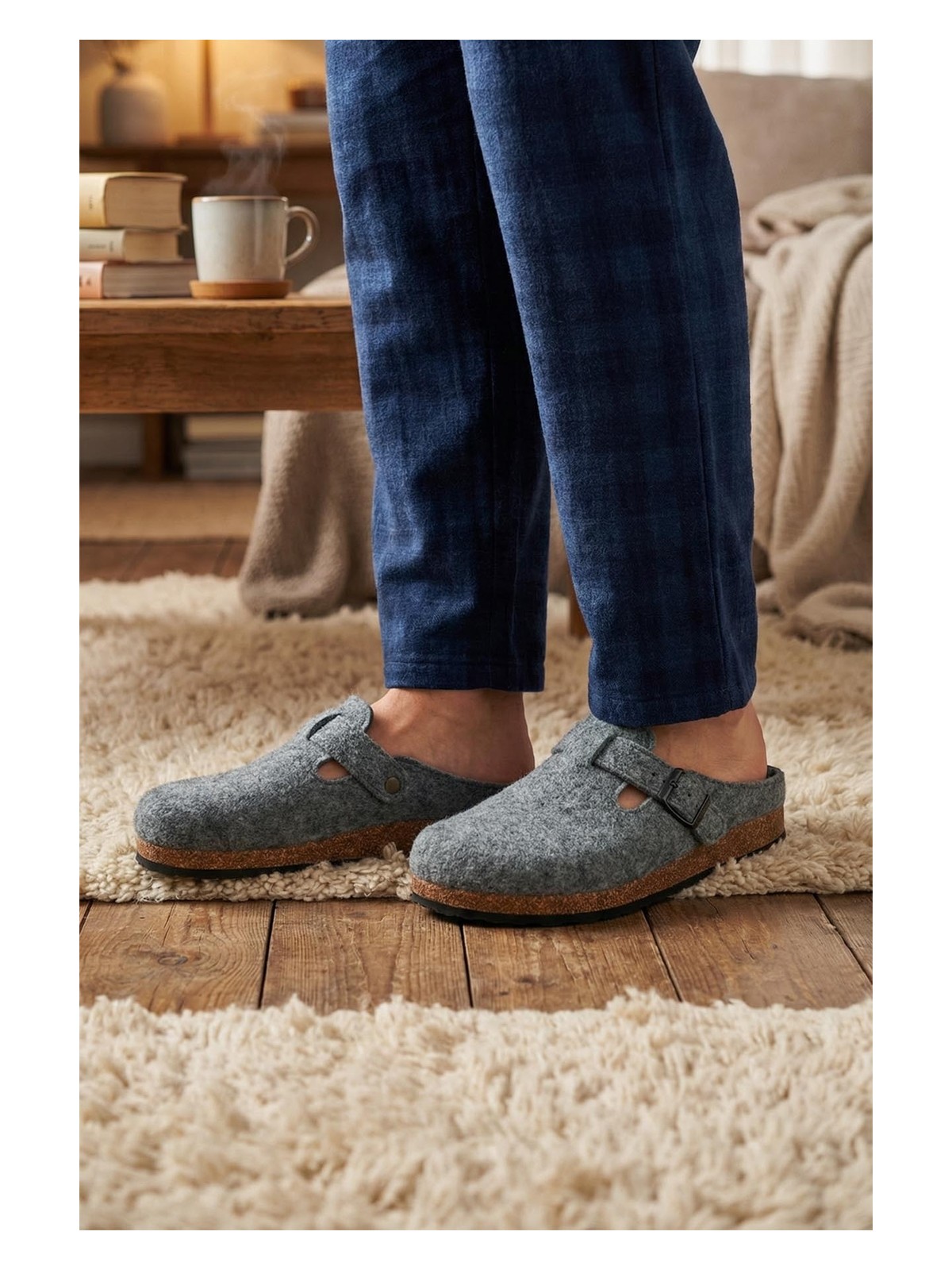 Gezer Erkek Kışlık Keçe Mantar Taban Tek Toka Ayarlanabilir Rahat Taban Ev Bahçe Terlik