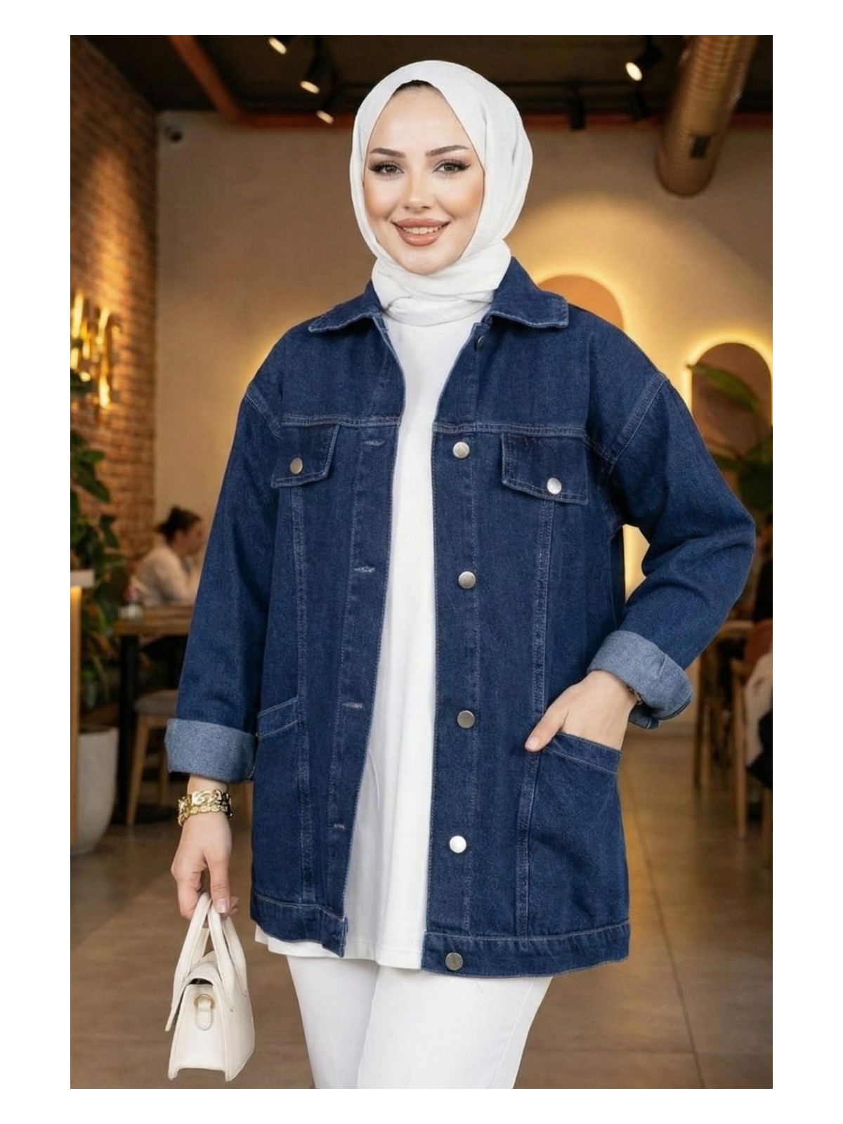 Kadın Cep Detaylı Lacivert Denim Kot Ceket