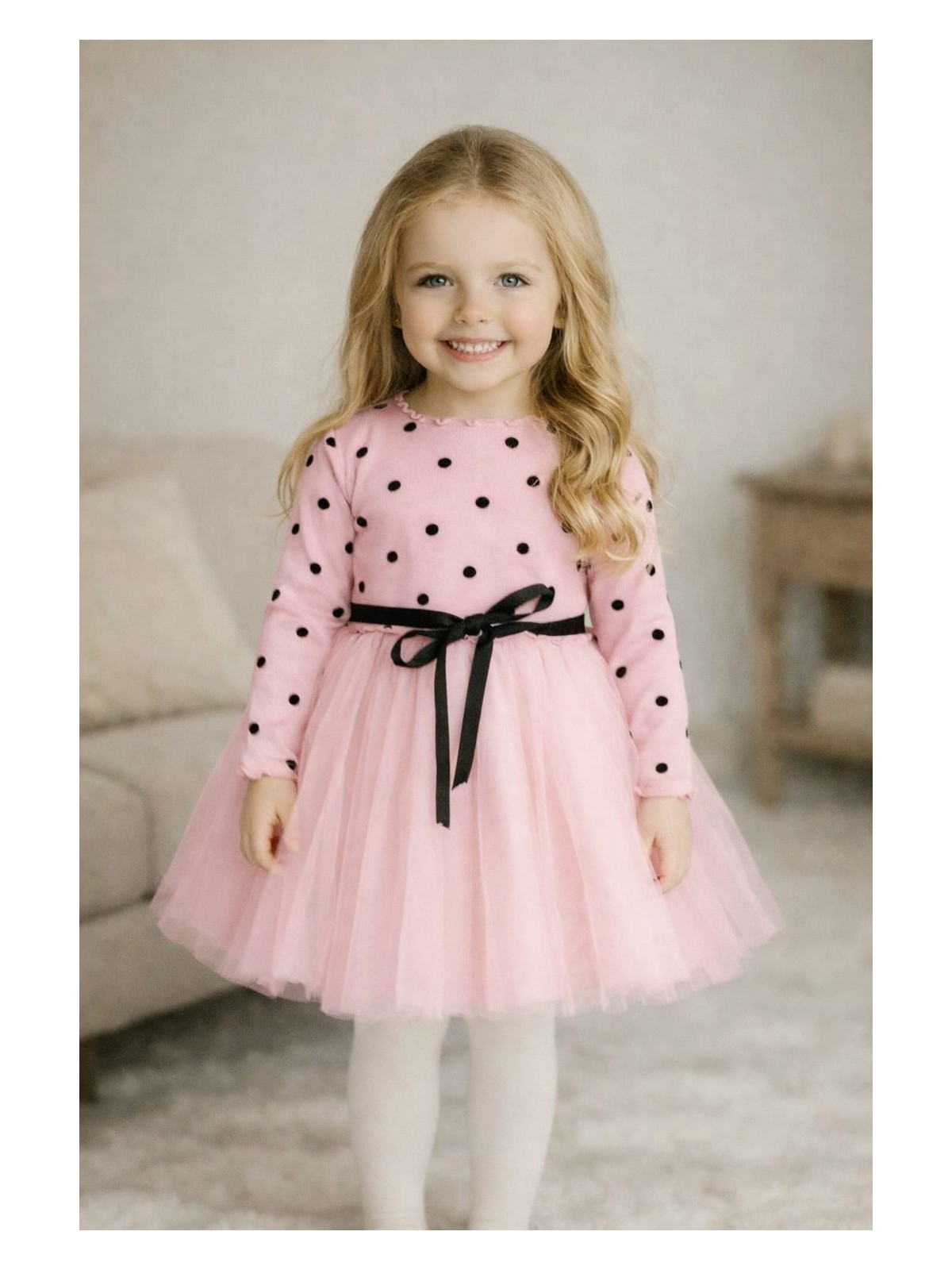 Şirin Şeyler Butiği Linda Uzun Kol Kız Çocuk Prenses Kabarık Tütü Elbise Puantiyeli Esnek Likralı Pembe Tütülü Elbise Bayramlık Hediyelik