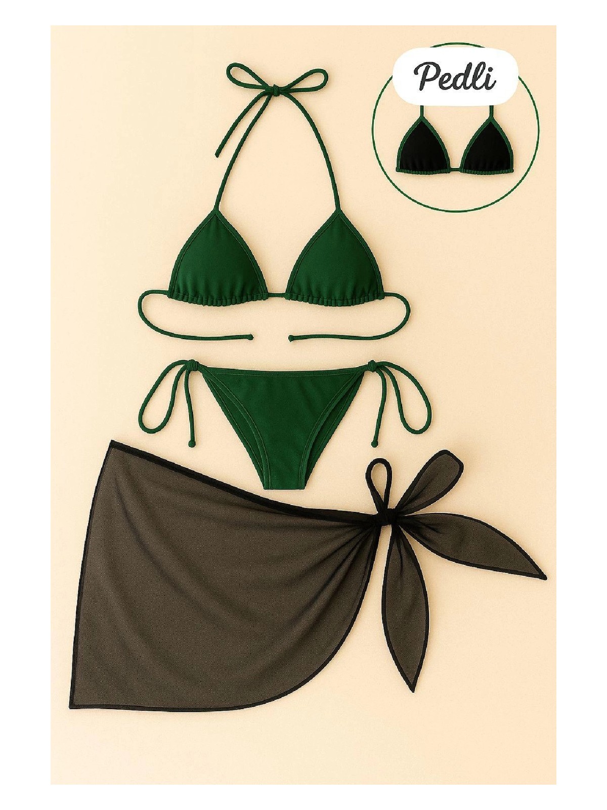 Beruflic Kadın Siyah Beyaz Pareolu Yandan ve Boyundan Bağlamalı 3'lü Bikini Takımı - Görsel 3