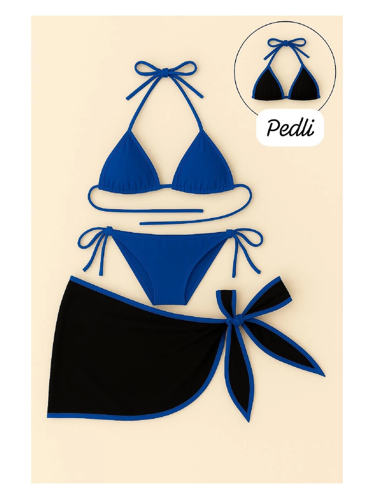 Beruflic Kadın Mavi Pareolu Yandan ve Boyundan Bağlamalı 3'lü Bikini Takımı