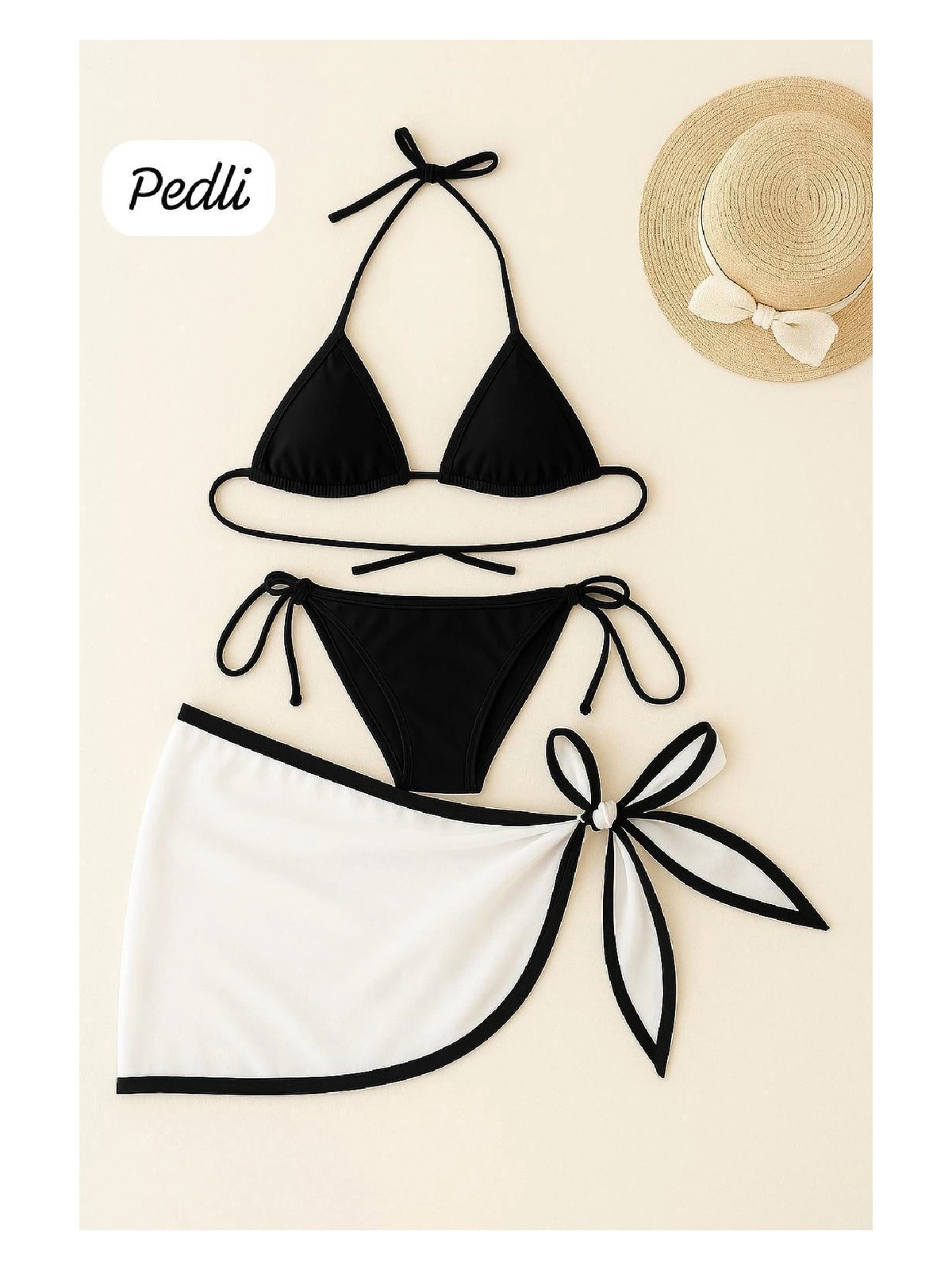 Beruflic Kadın Siyah Beyaz Pareolu Yandan ve Boyundan Bağlamalı 3'lü Bikini Takımı