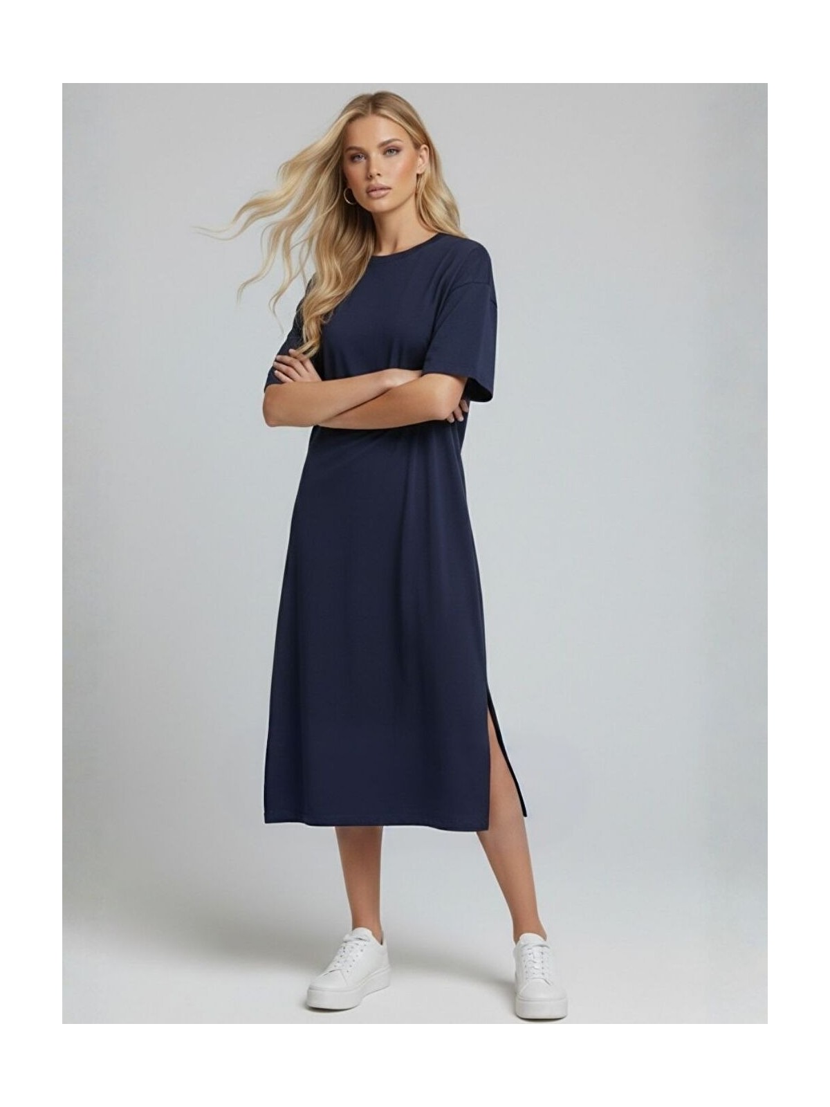 Trendseninle Kadın Lacivert %100 Pamuklu Yırtmaçlı Midi Boy Basic Elbise
