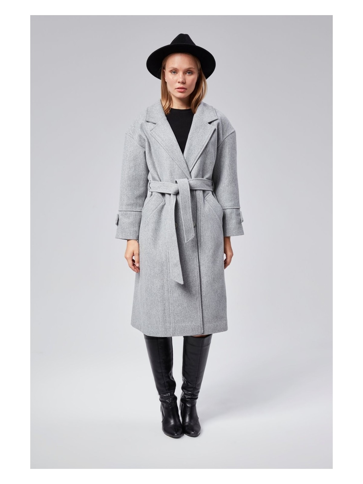 Bolivente Acı Kahve Kuşaklı Oversize Kaşe Kaban - Görsel 3