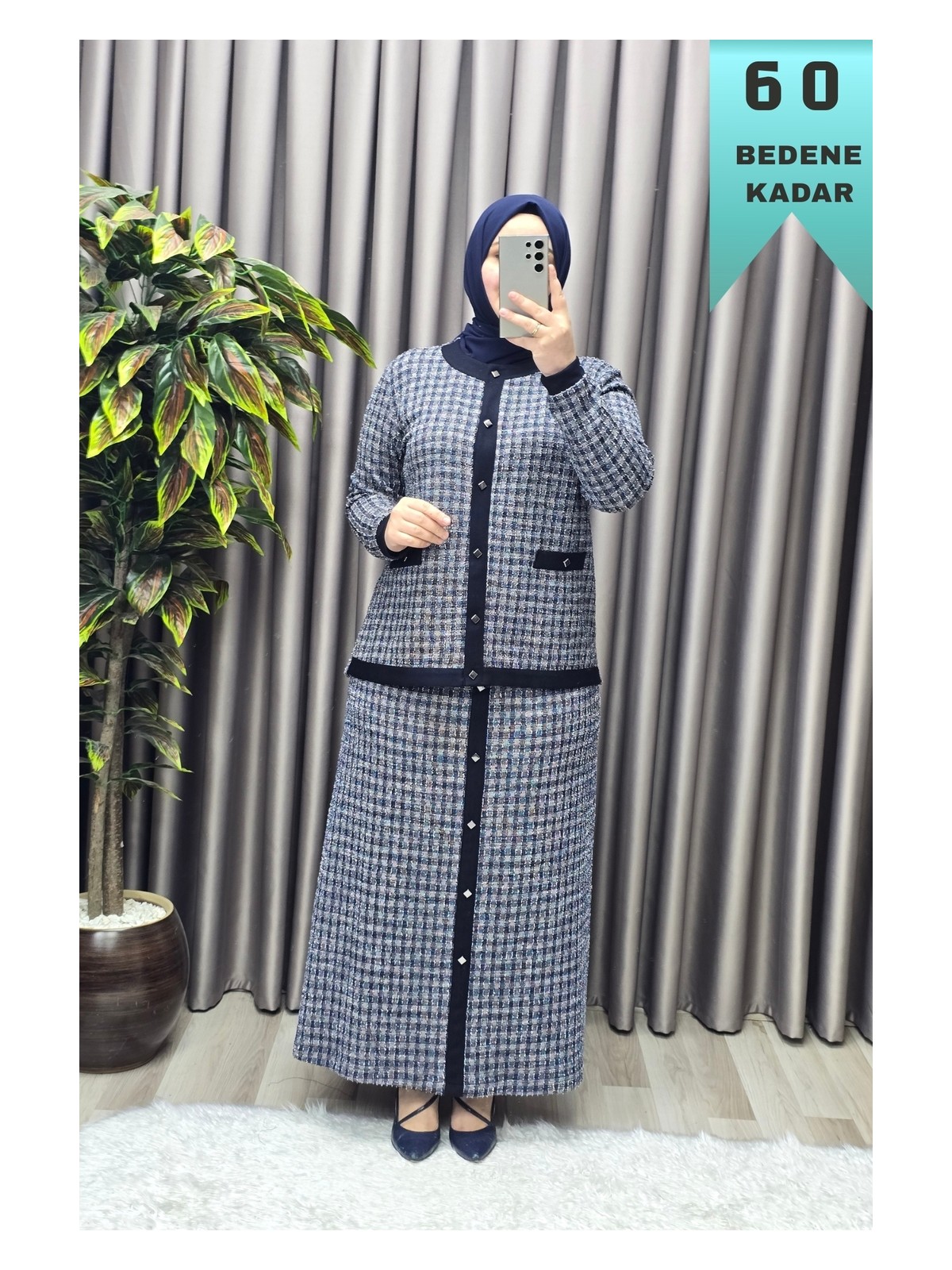 Elmas Tesettür Kadın Giyim Büyük Beden Kolları Ribanalı Ceket Etek Tuvit Ikili Takım - Görsel 4