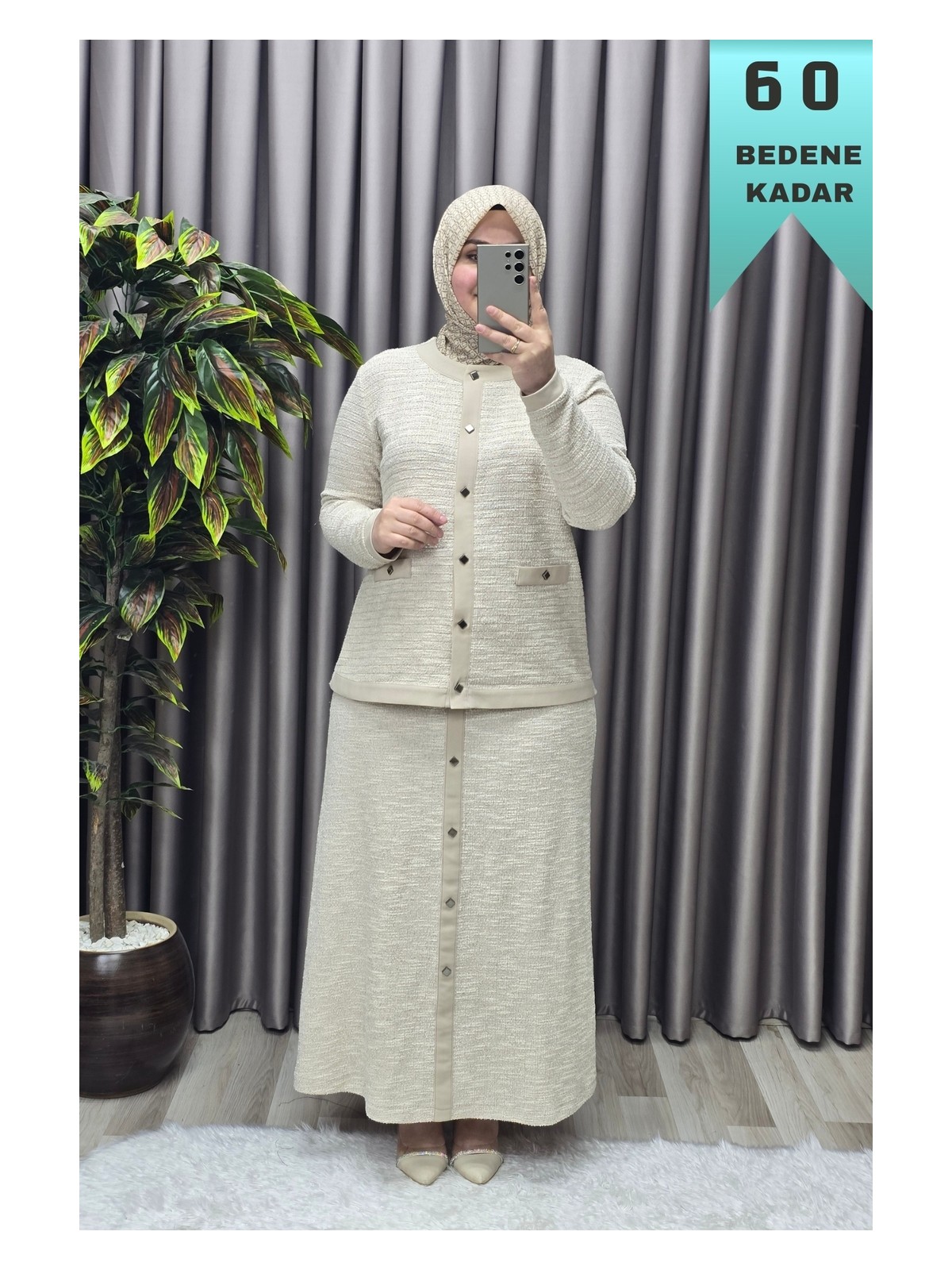 Elmas Tesettür Kadın Giyim Büyük Beden Kolları Ribanalı Ceket Etek Tuvit Ikili Takım