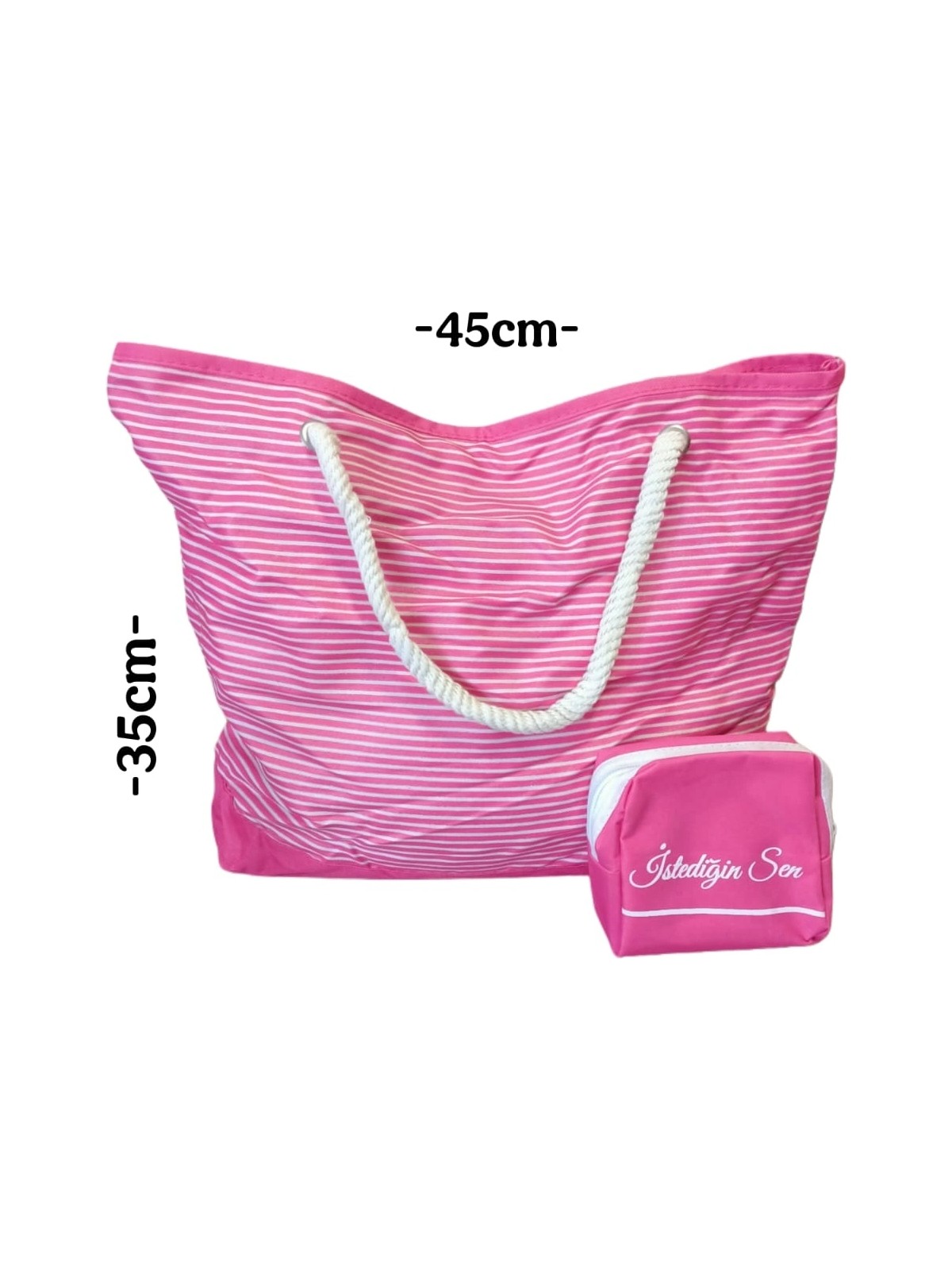 En1tarım Plaj Çantası Pembe 45CM Makyaj Çantası Hediyeli görsel 2