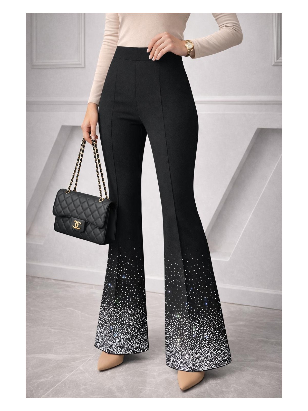 Women Kadın Siyah Yüksek Bel Ispanyol Paça Taşlı Pantolon – Toparlayıcı Şık Model