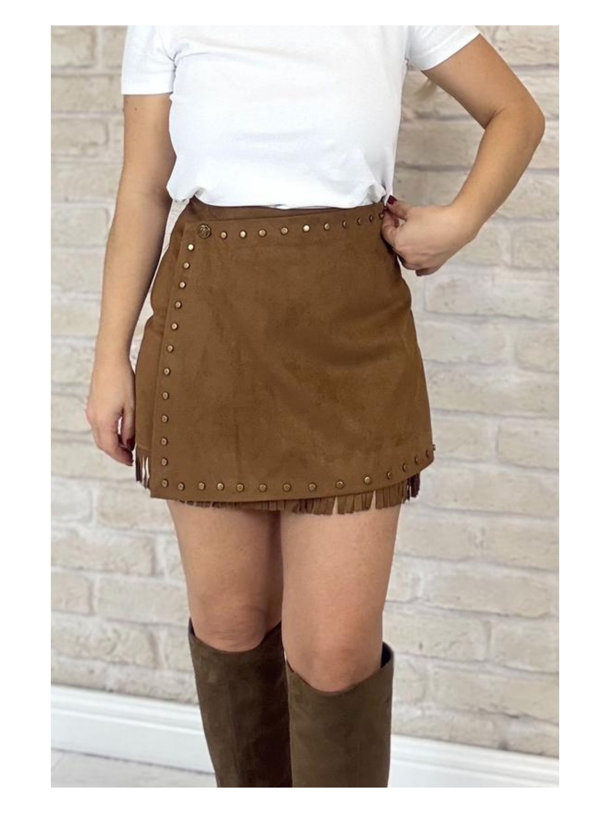 Muna Boutique Zeyra Ithal Kumaş Kahverengi Düğmeli Tasarım Etek