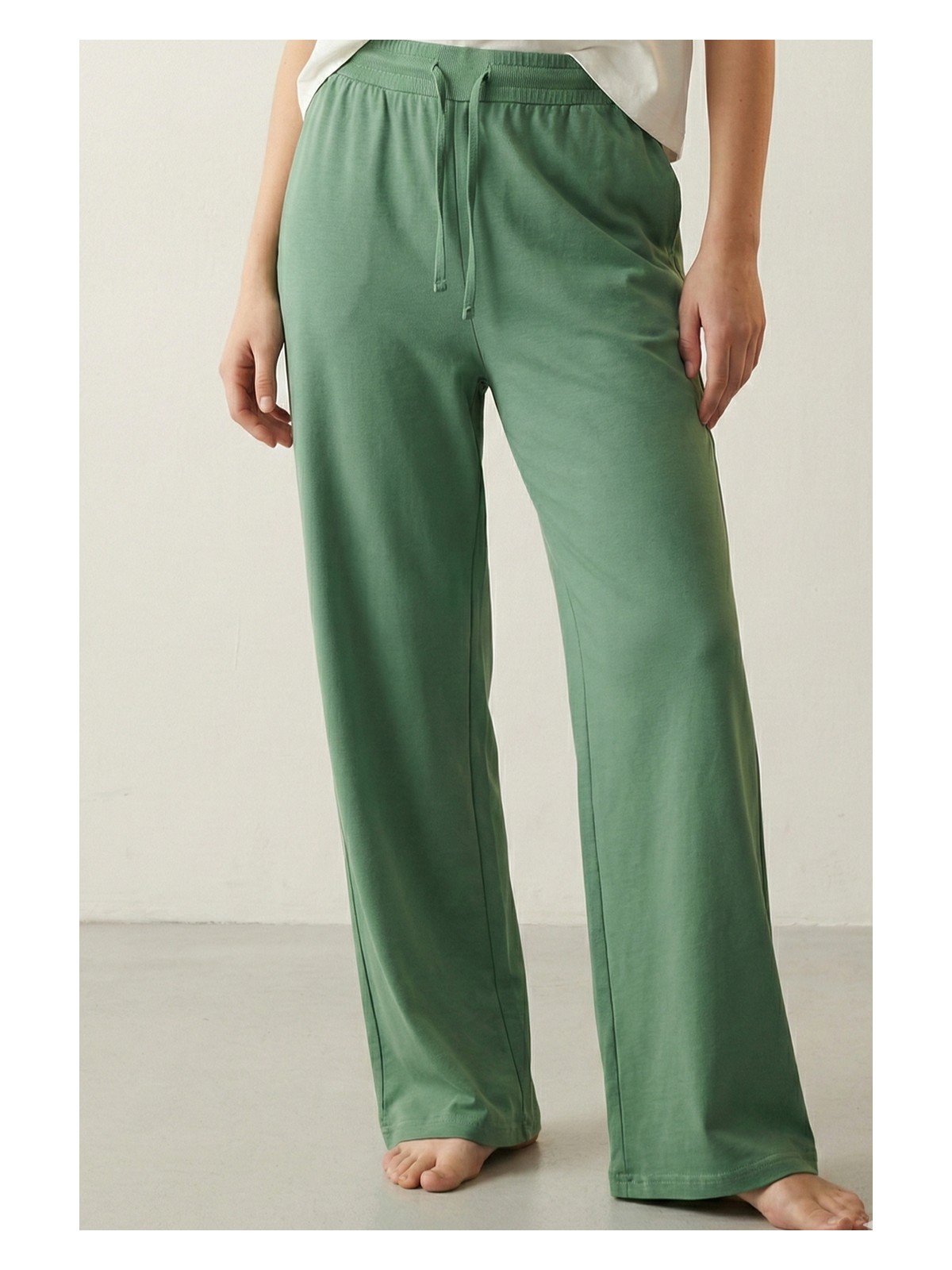 elemge %100 Pamuk Süprem Kadın Pijama Altı Rahat Kalıp Compact Penye Pembe Geniş Paça Ipli Terletmez Alt - Görsel 3