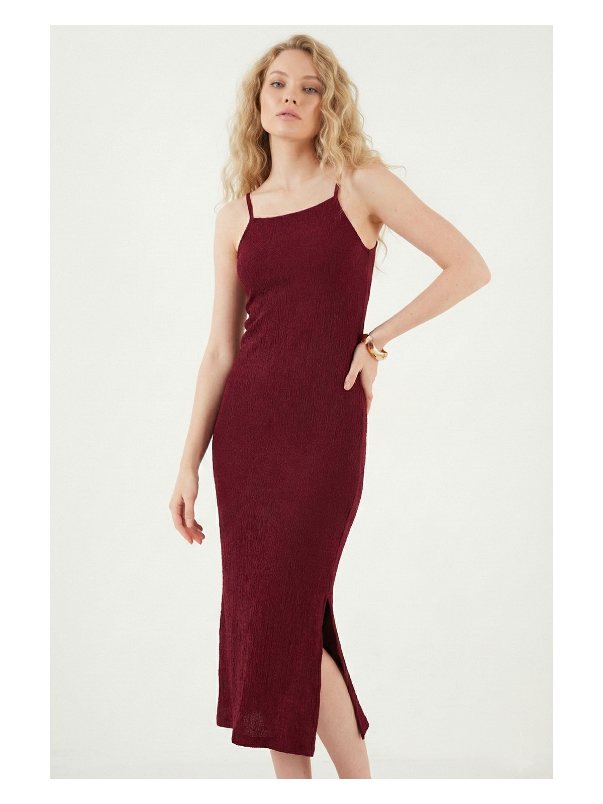 Lela Ip Askılı Fitted-Vücuda Oturan Yırtmaçlı Midi Elbise Bayan Elbise 5865573 - Görsel 2