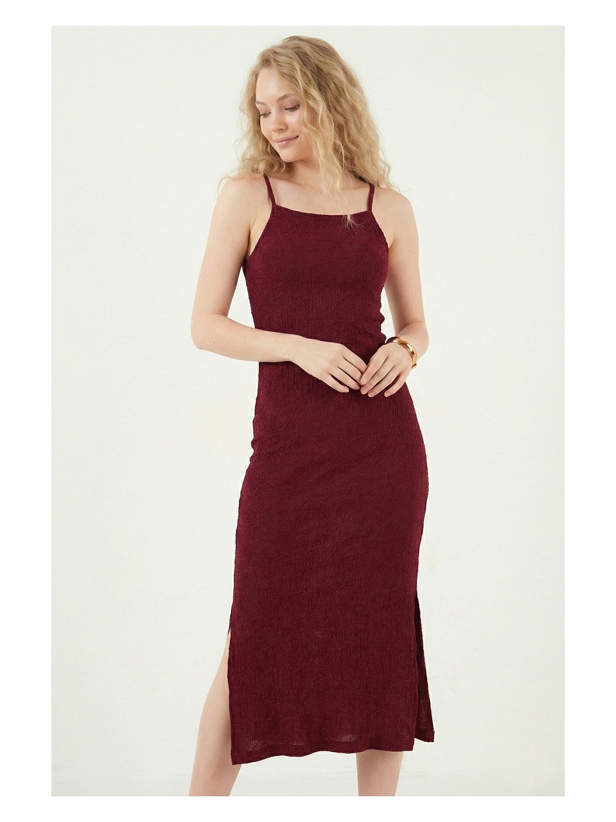 Lela Ip Askılı Fitted-Vücuda Oturan Yırtmaçlı Midi Elbise Bayan Elbise 5865573 - Görsel 4