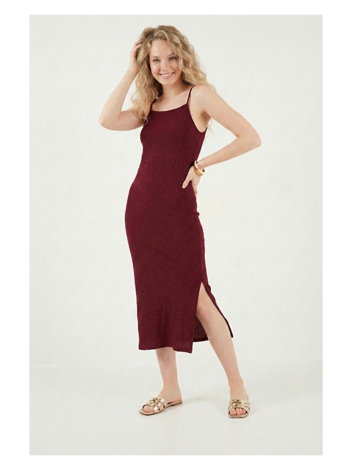 Lela Ip Askılı Fitted-Vücuda Oturan Yırtmaçlı Midi Elbise Bayan Elbise 5865573 - Görsel 5