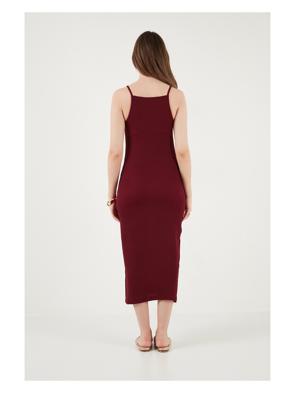 Lela Ip Askılı Fitted-Vücuda Oturan Yırtmaçlı Midi Elbise Bayan Elbise 5865573 - Görsel 7