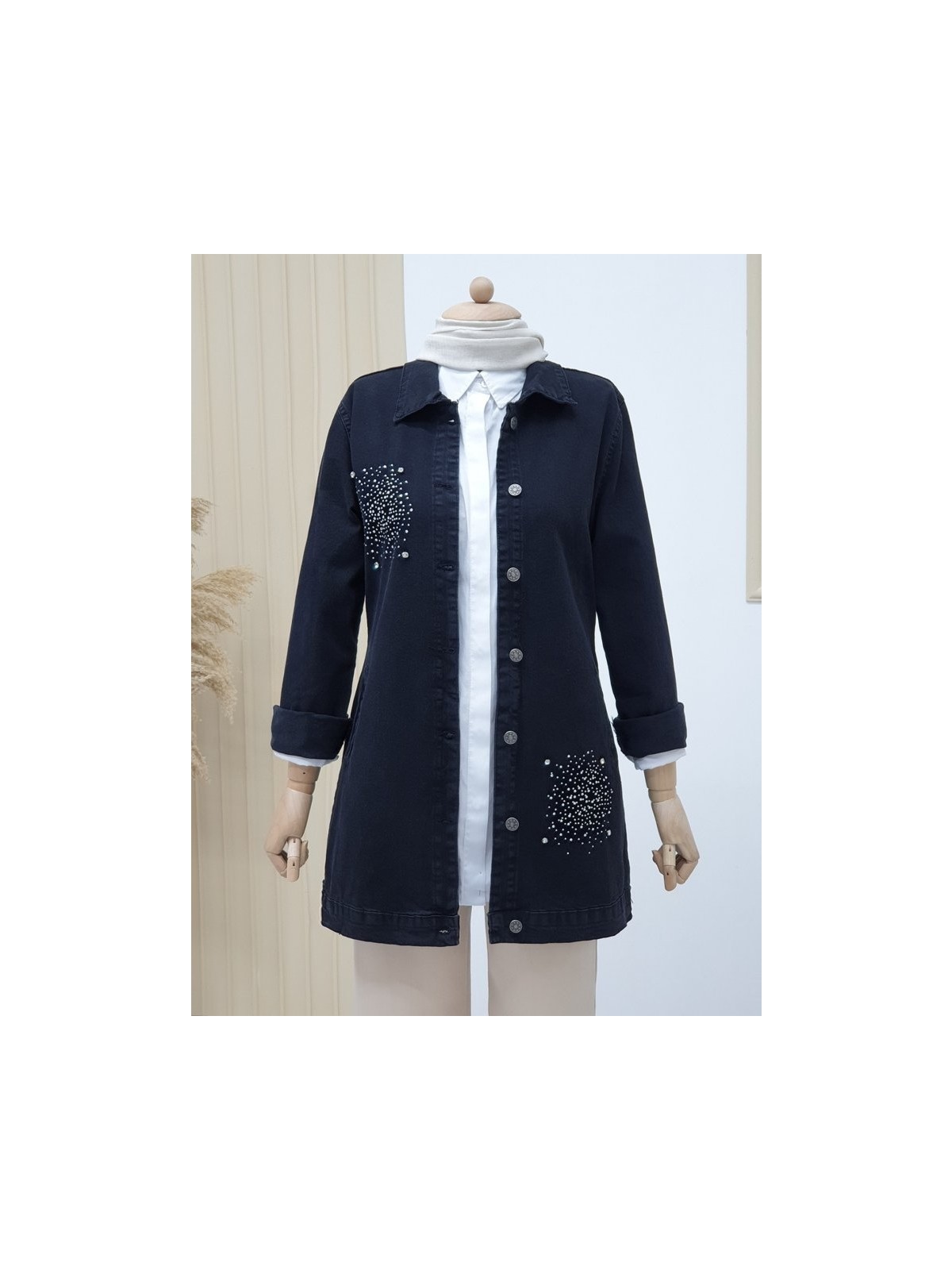 Alpaco Önü Taş Detaylı Çift Cepli Kot Ceket -Siyah -Collectıon