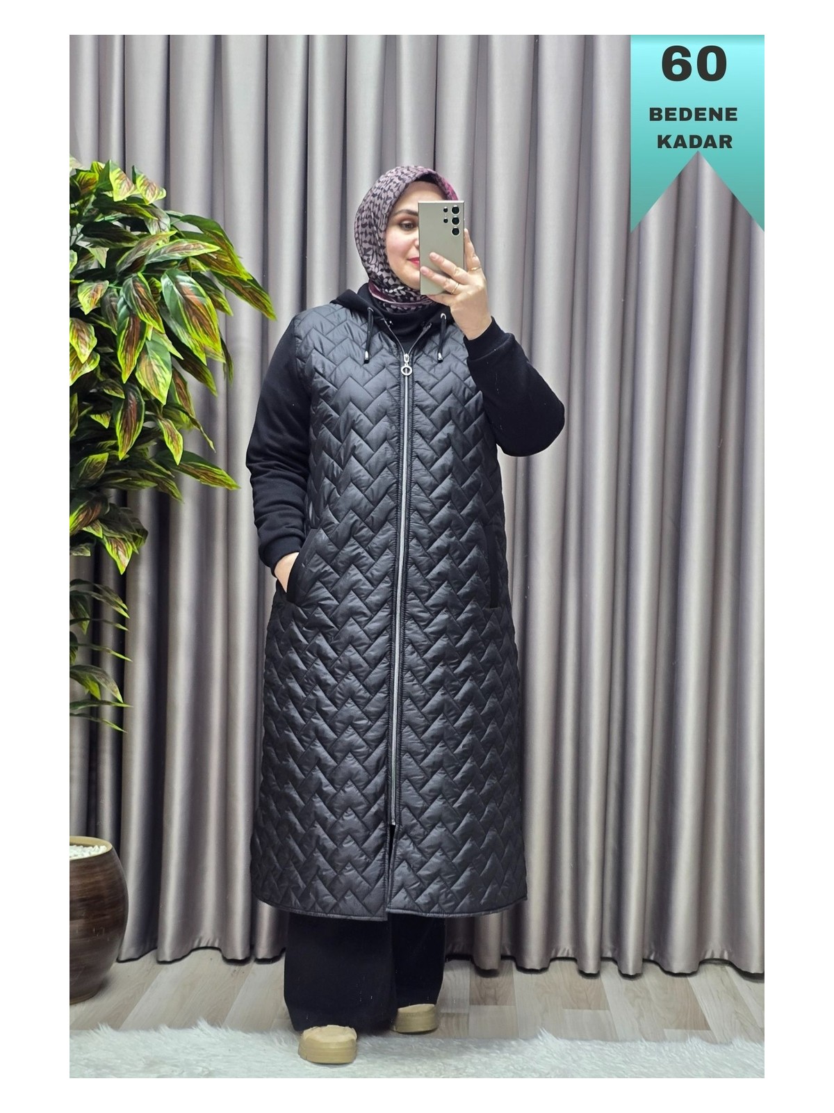 Elmas Tesettür Kadın Giyim Büyük Beden Kapitone Çavuş Desen Kolları Üç Iplik Şardonlu Polarlı Tesettür Mont