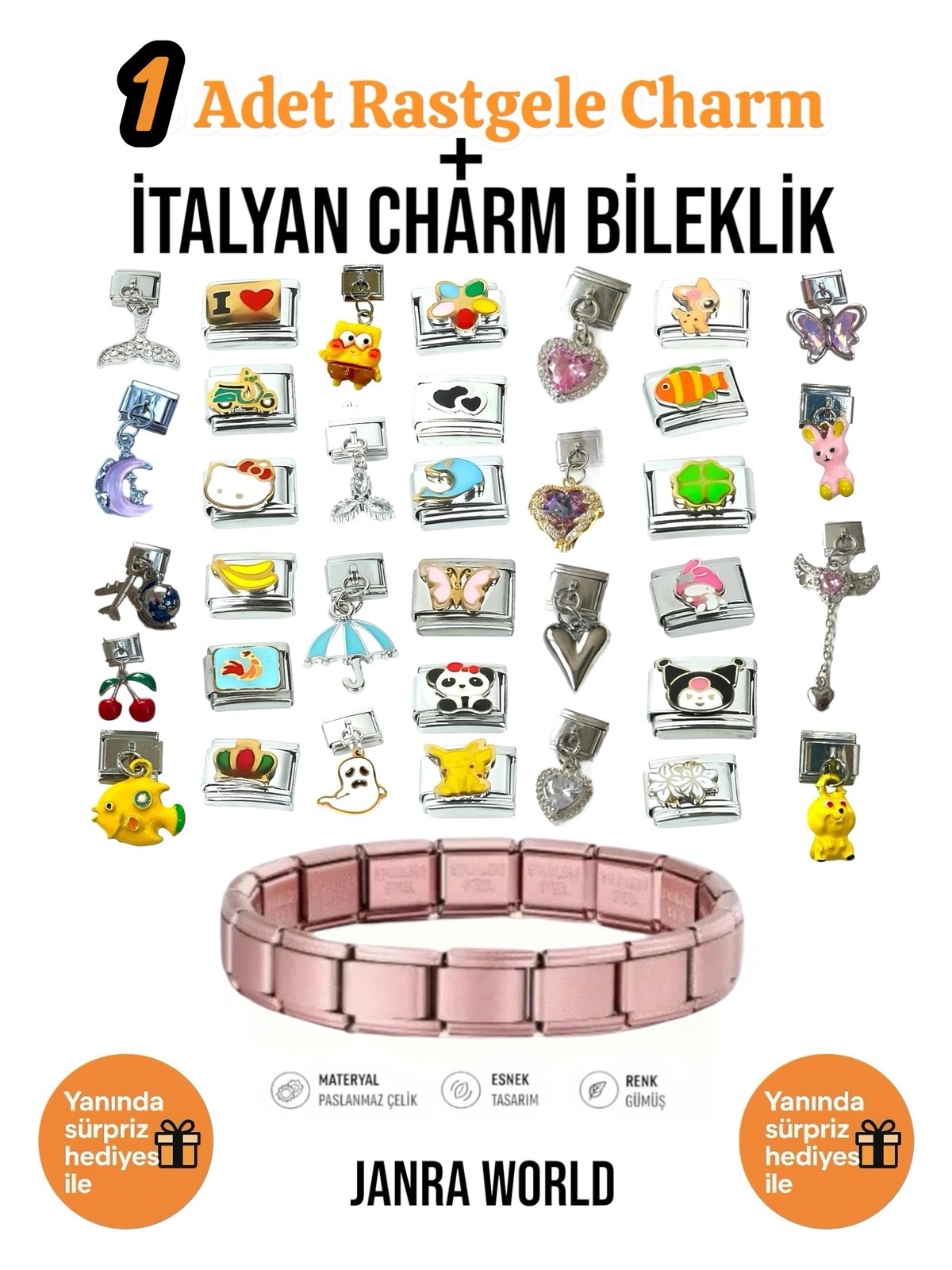 Janra World 1 Adet Rastgele Charm + Italyan Charm Bileklik Seti | Sürpriz Hediye Ile Birlikte