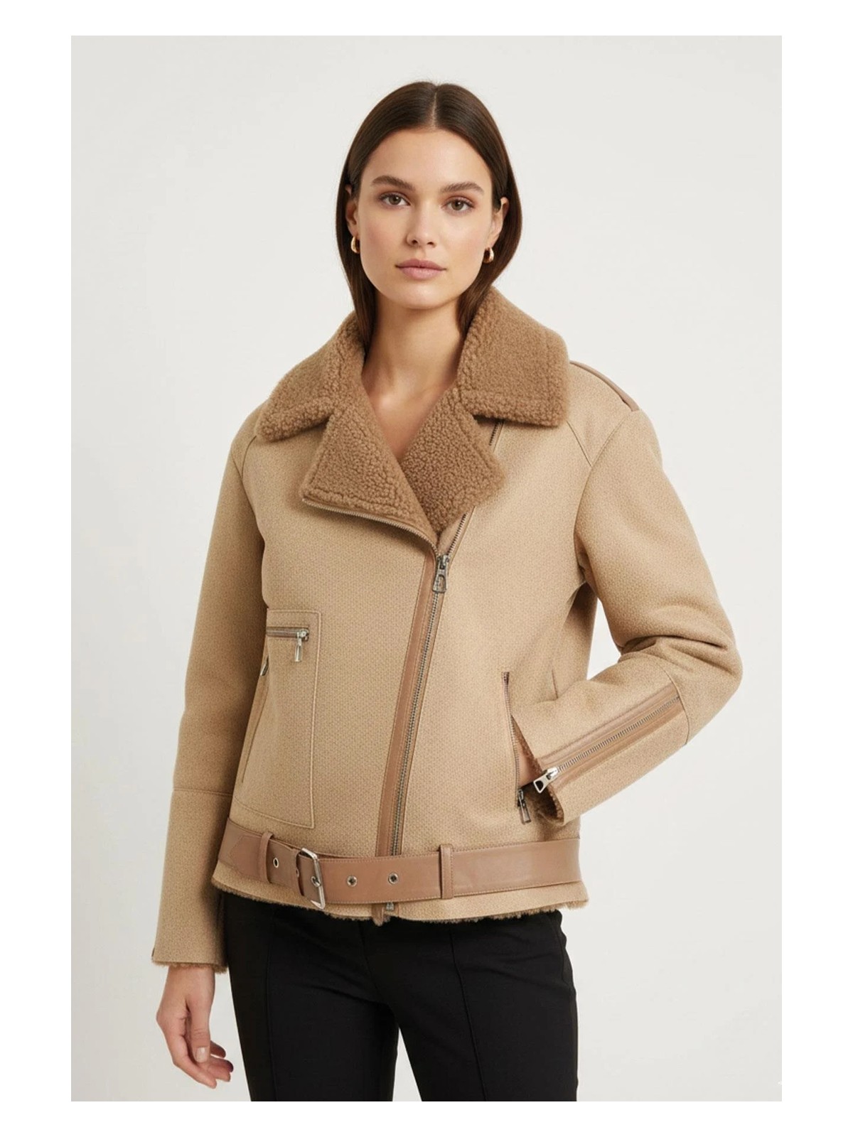 Deriderim Oslo Bej Hakiki Kuzu Kürkü Fermuarlı Biker Kadın Kaban