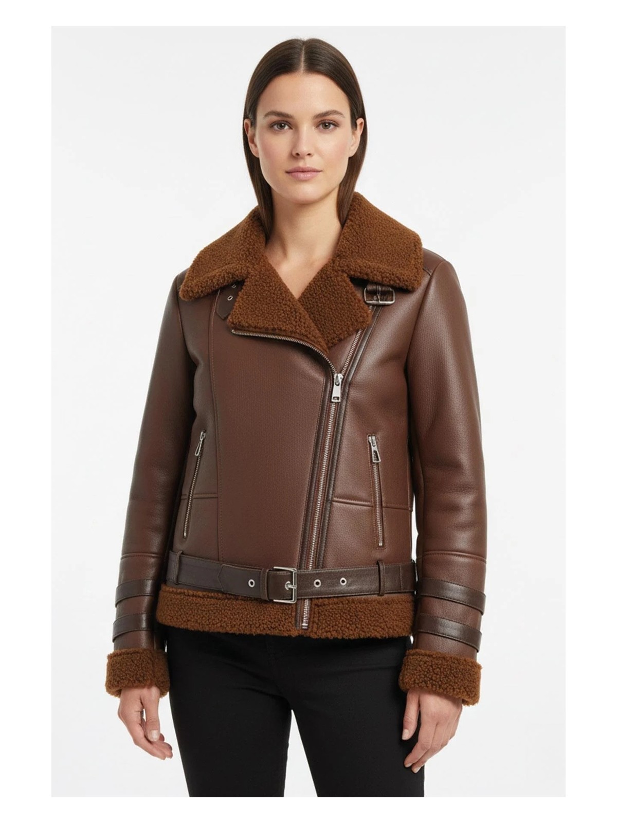 Deriderim Oslo Taba Hakiki Kuzu Kürkü Fermuarlı Biker Kadın Kaban