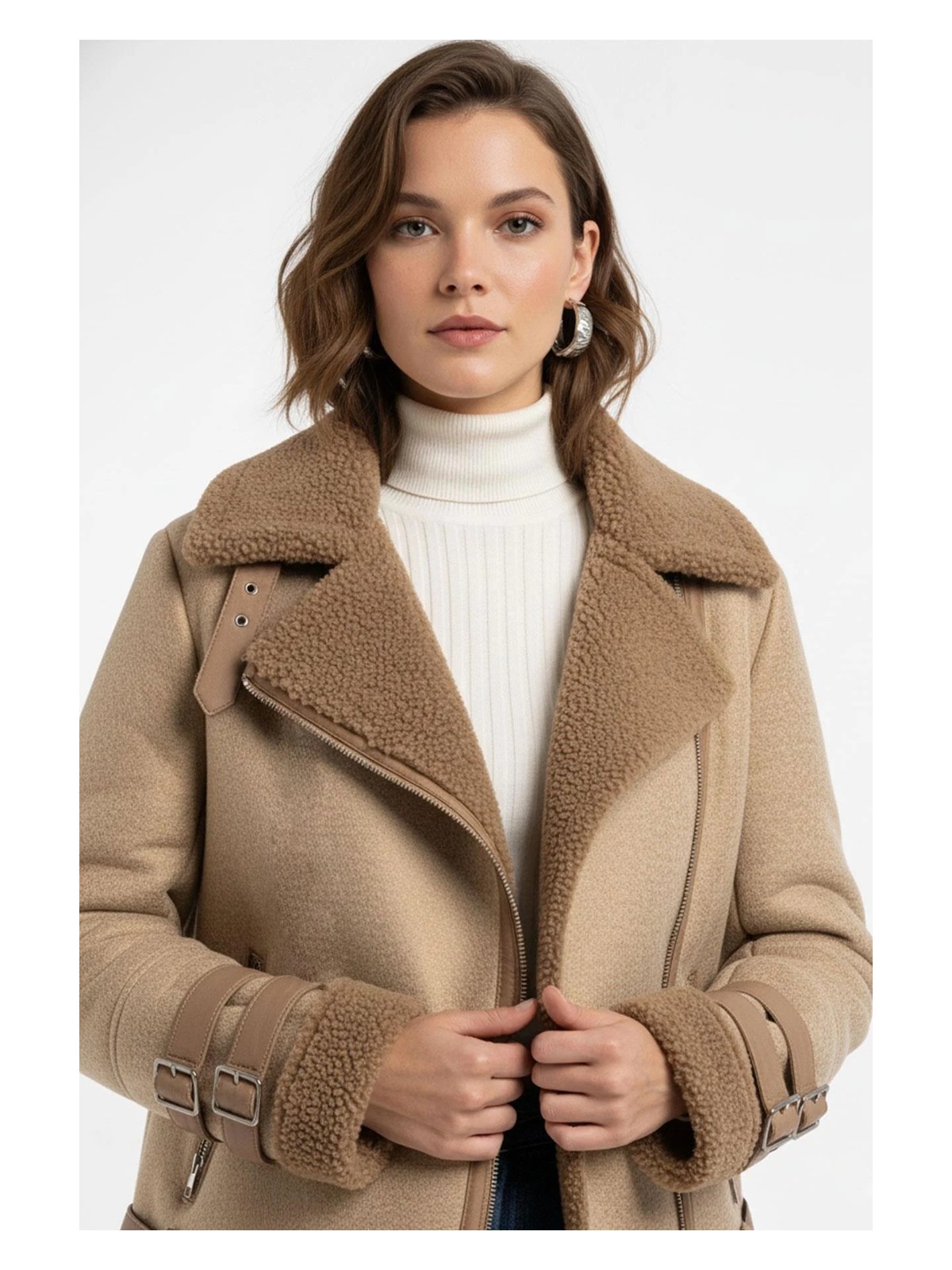 Deriderim Kopen Hakiki Kuzu Kürkü Fermuarlı Biker Kadın Kaban