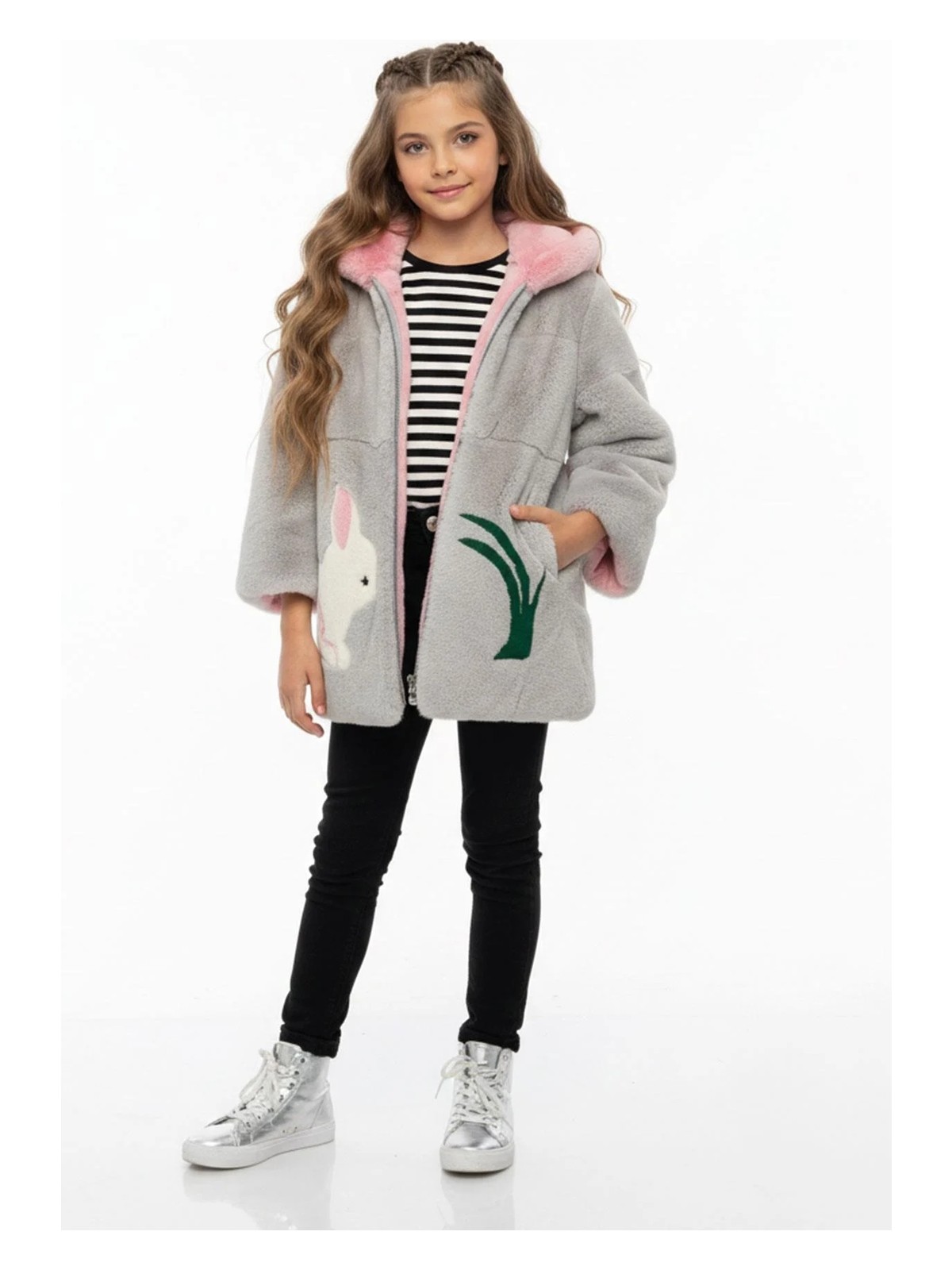 Deriderim Pembe Gri Tavşan Masal Kapüşonlu Kız Çocuk Kabanı