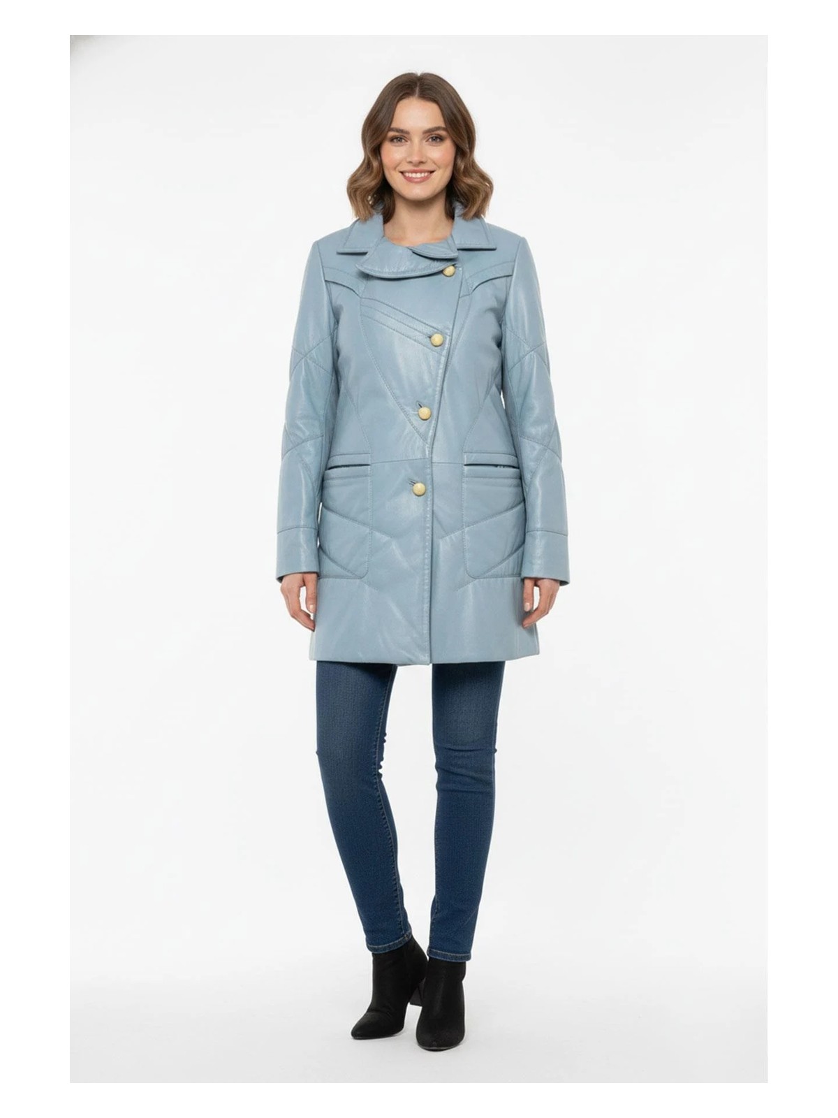 Deriderim Mavi Bella Elyaf Dolgulu Şal Yaka Düğmeli Kadın Deri Kaban