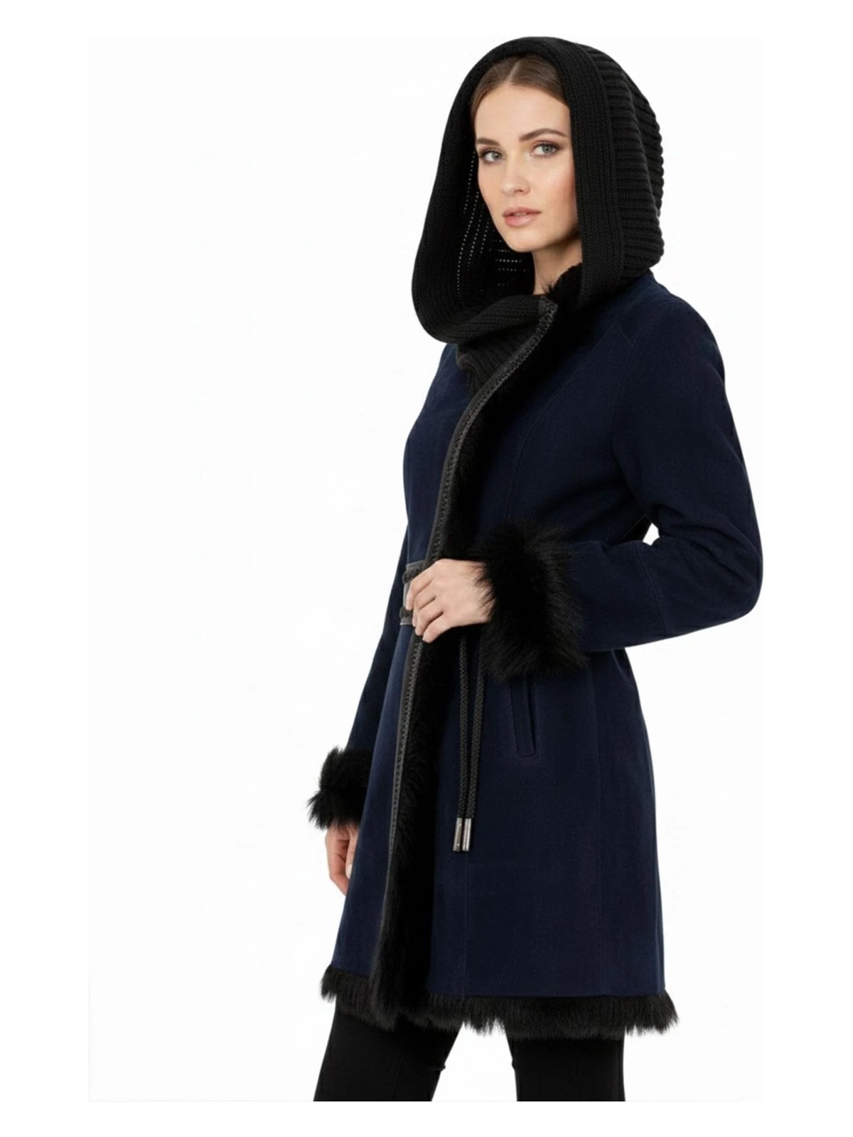 Deriderim Lacivert Seline Triko Kapüşonlu Hakiki Deri Kürk Kaban