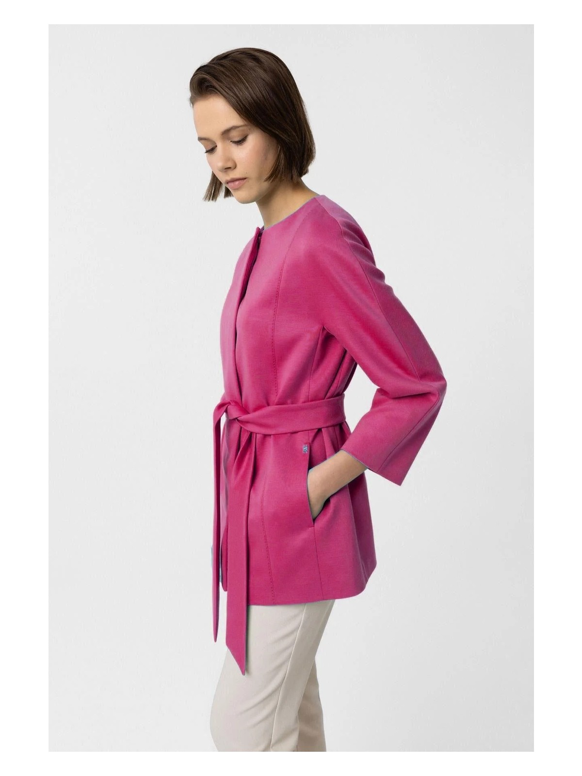 Deriderim Pembe Jadira Çıt Çıt Kapamalı Kemerli Truvakar Kol Kumaş Kaban