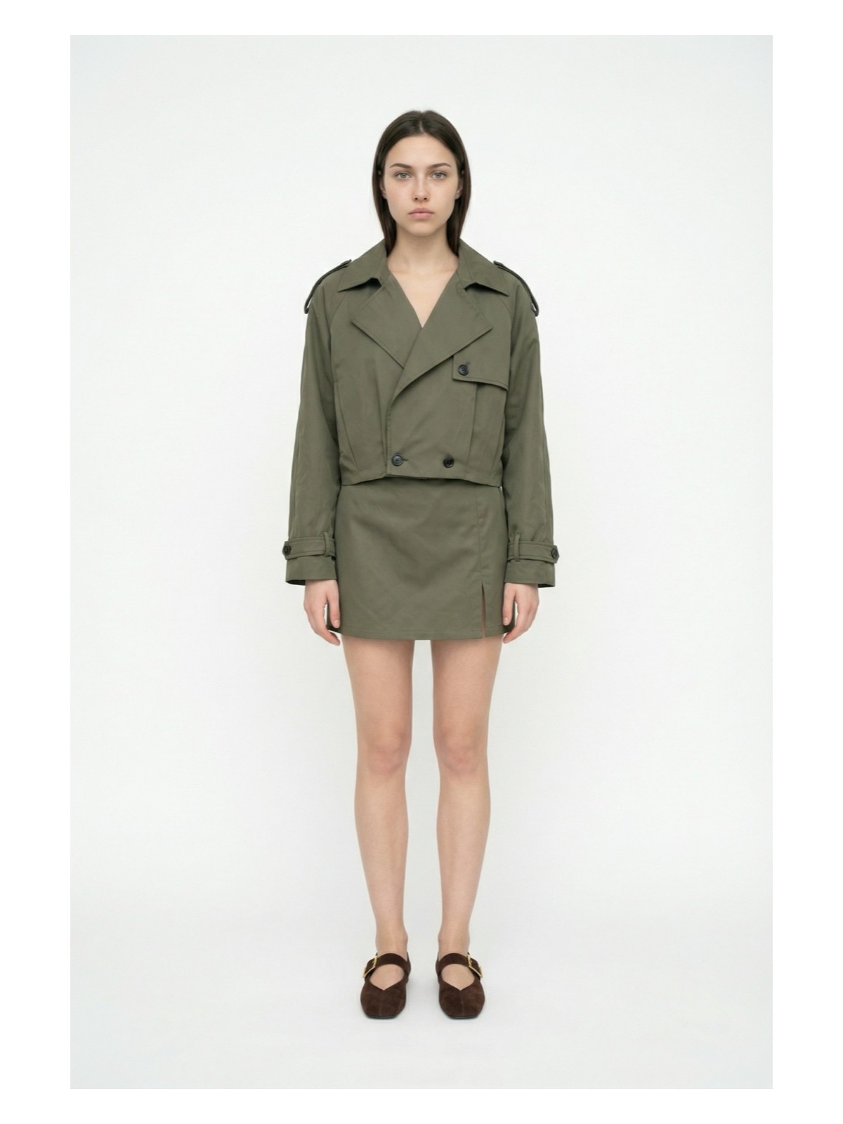 Quzu Apoletli Kruvaze Yaka Kısa Trençkot Haki