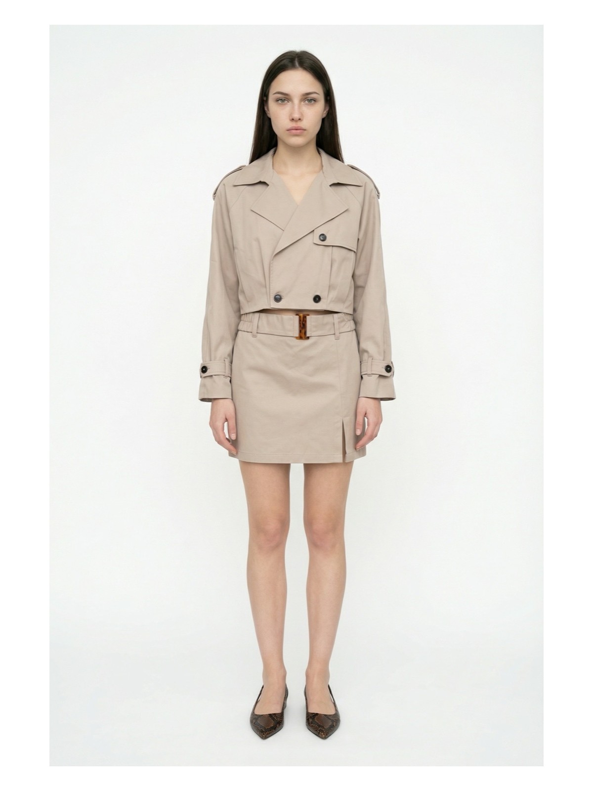 Quzu Apoletli Kruvaze Yaka Kısa Trençkot Haki - Görsel 3