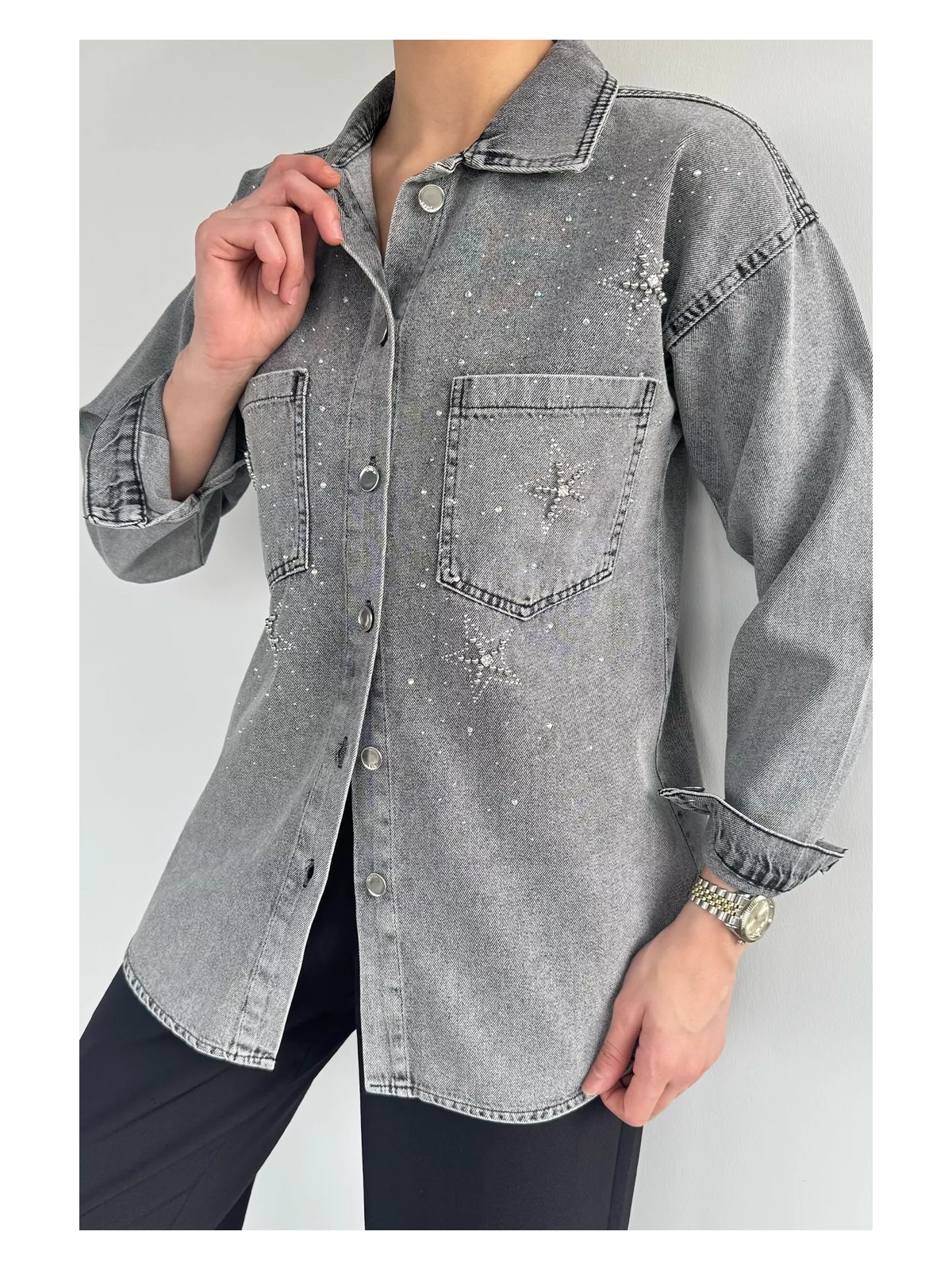 Gülseli Çift Cepli Taşlı Kot Jean Ceket - Görsel 6