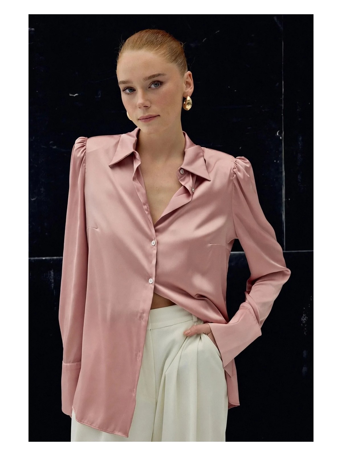 Sateen Vatkalı Saten Gömlek - Pembe