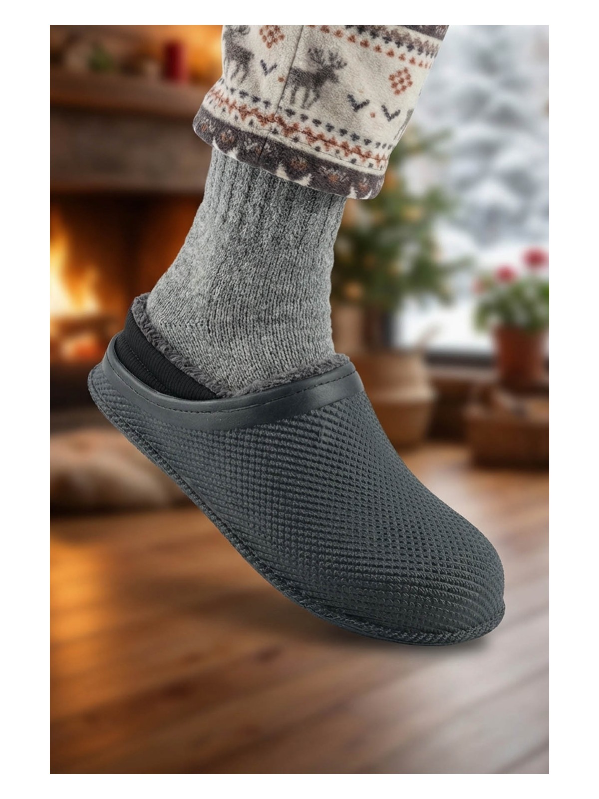 Gezer Erkek Kışlık Eva Içi Peluşlu Sessiz Taban Ev Bahçe Terlik - Görsel 5