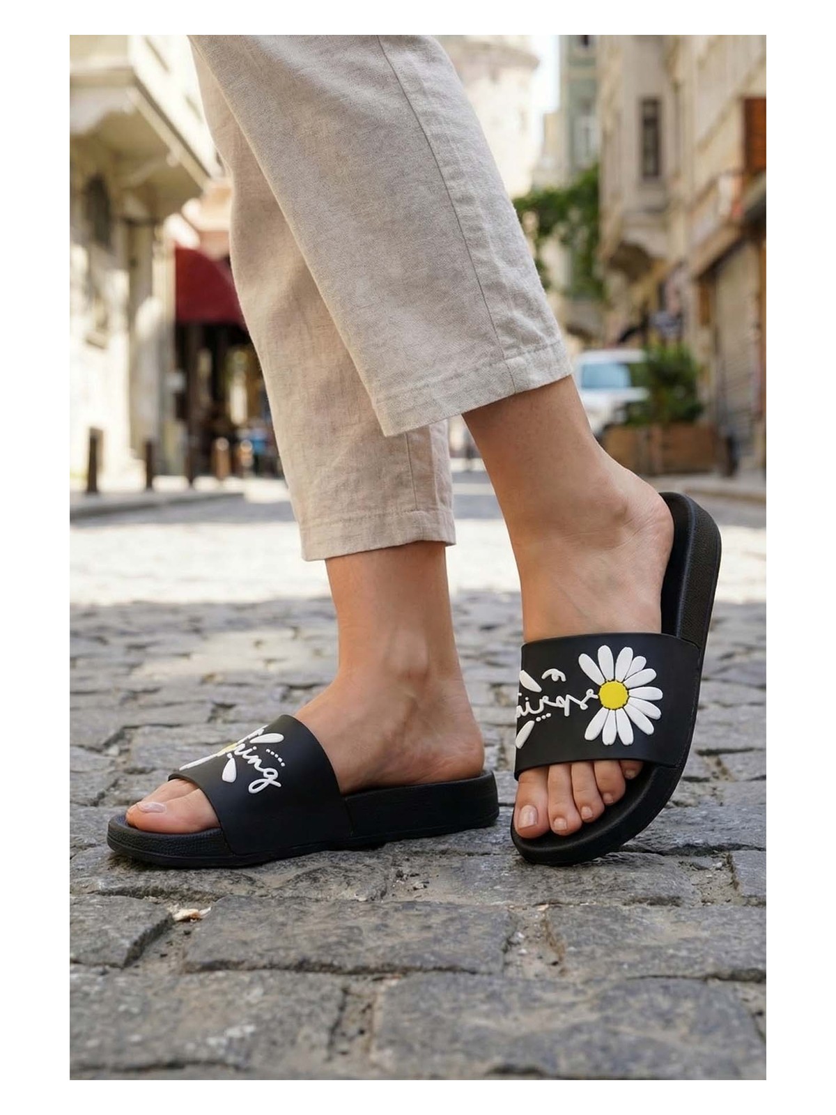 Gezer Kadın Yazlık Papatya Tasarım PU Rahat Taban Ev Banyo Havuz Plaj Terlik