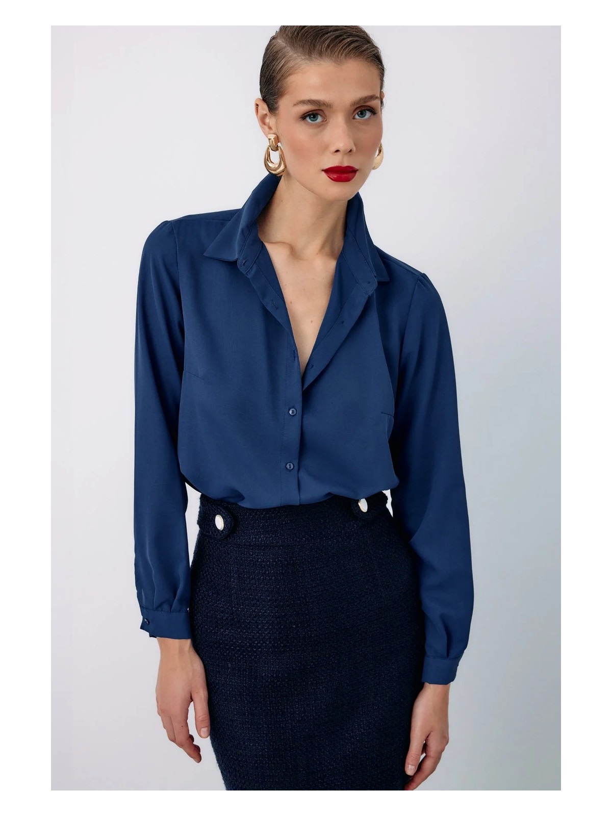 Sateen Düz Klasik Gömlek - LACİVERT - Görsel 4