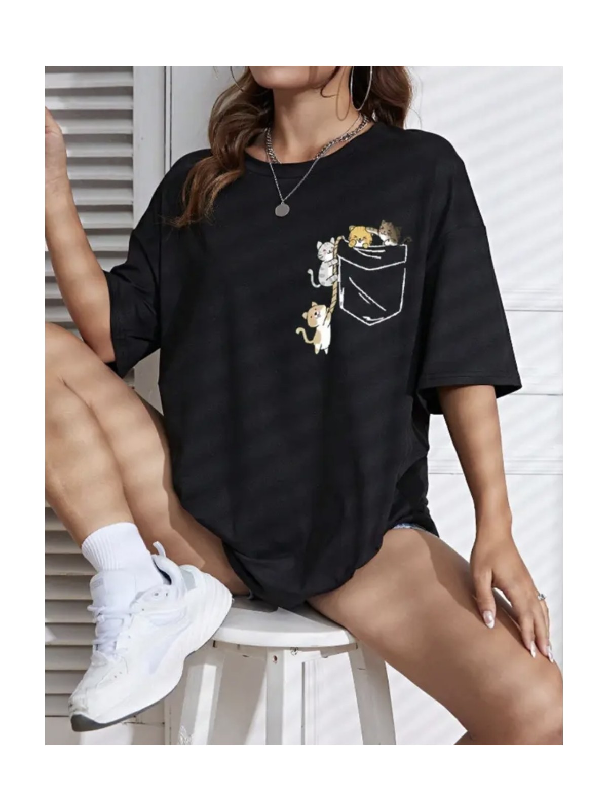 Punix Punıx Büyük Beden Özel Üretim Cepte Kediler Baskılı %100 Pamuk Oversize Modern Battal Kadın T-Shırt - Görsel 6