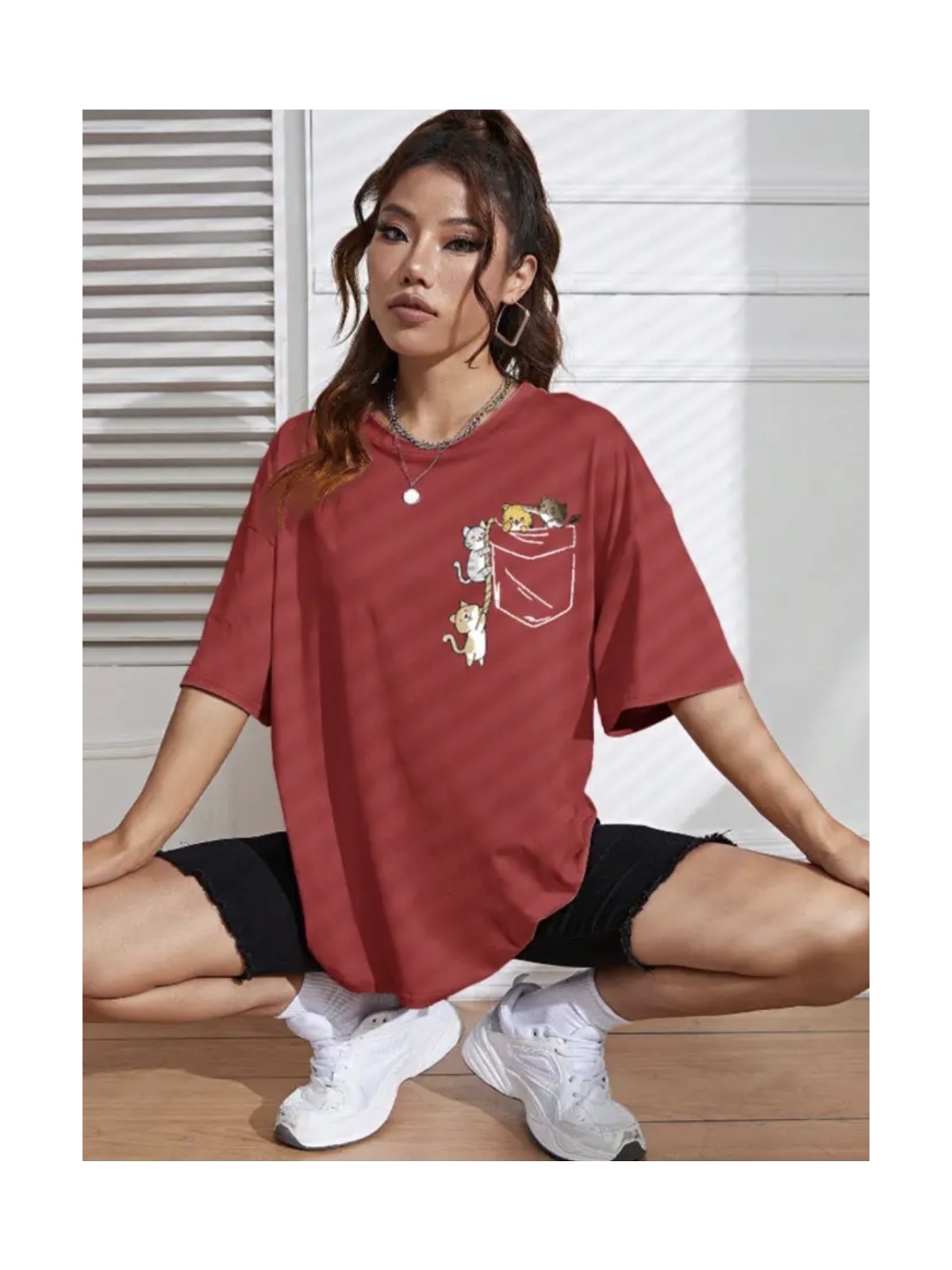 Punix Punıx Büyük Beden Özel Üretim Cepte Kediler Baskılı %100 Pamuk Oversize Modern Battal Kadın T-Shırt - Görsel 5