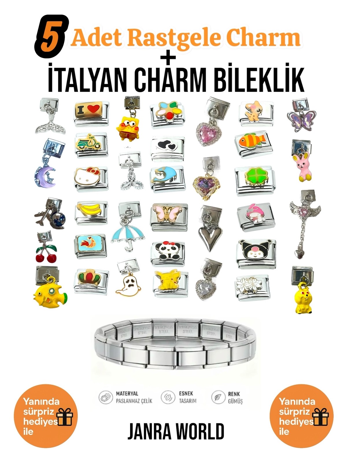 Janra World 5 Adet Rastgele Charm + Italyan Charm Bileklik Seti | Sürpriz Hediye Ile Birlikte