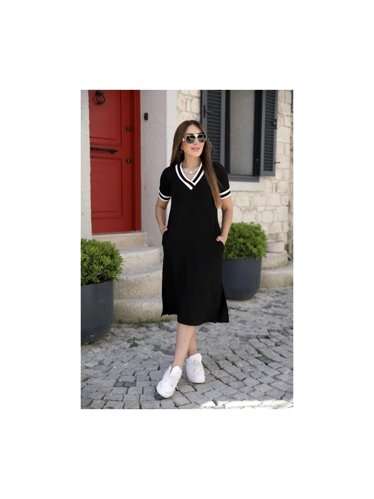 paris store Kadın Kısa Kollu V Yaka Kol ve Yaka Ribana Detay Midi Boy Viskon Elbise