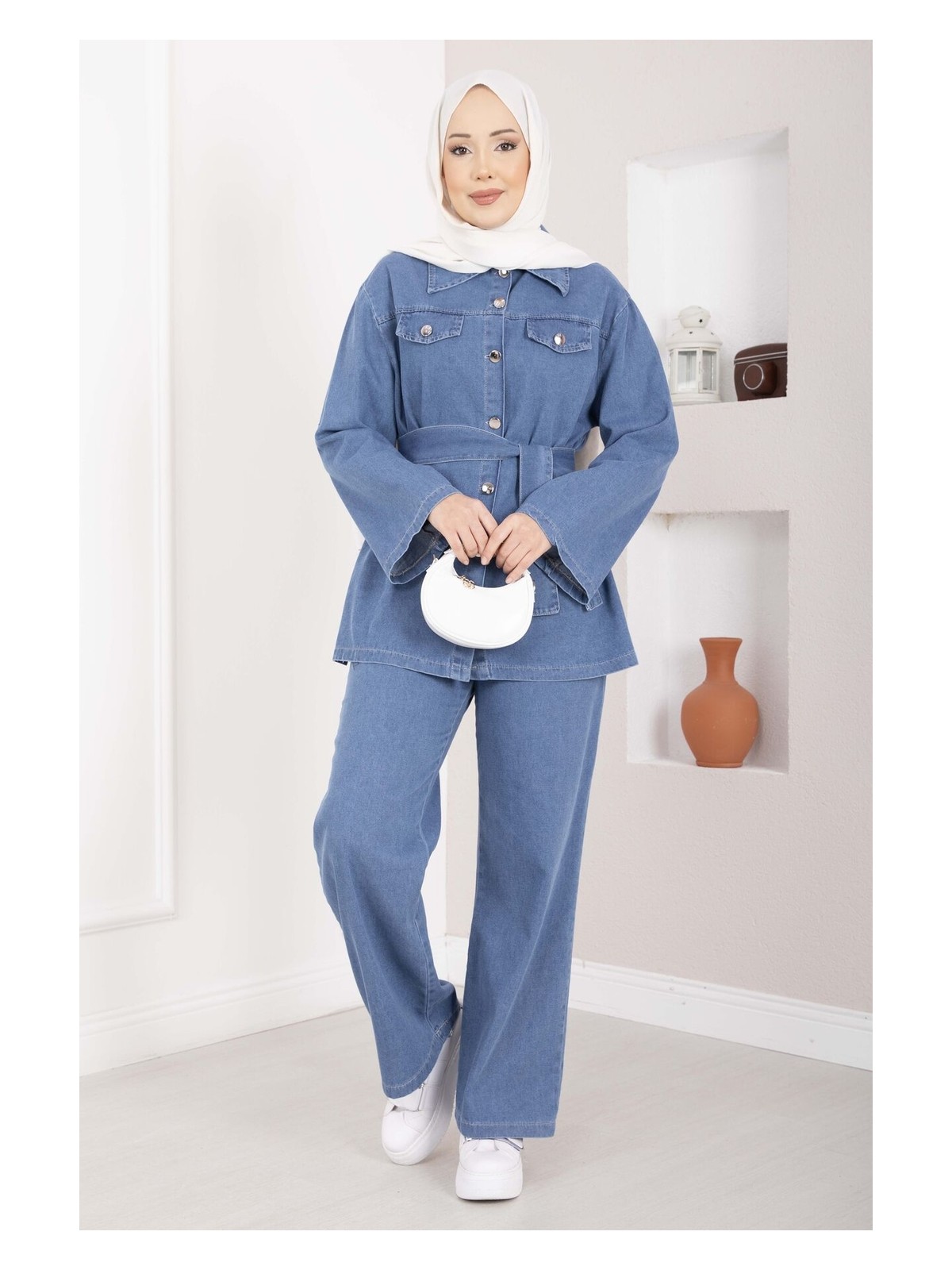 Md Kemer Detaylı Ceket Pantolon Kot Takım Açık Mavi