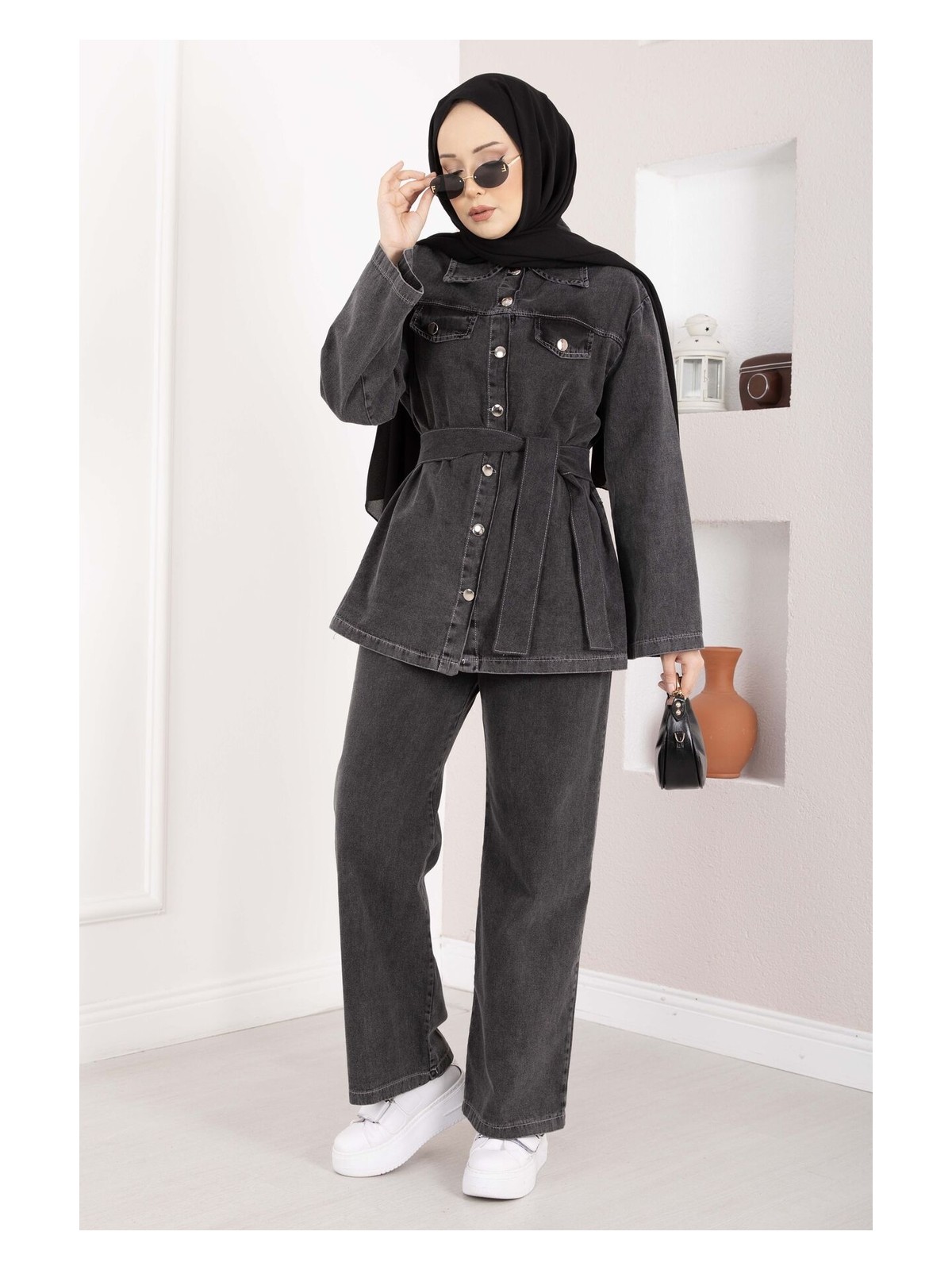 Md Kemer Detaylı Ceket Pantolon Kot Takım Siyah