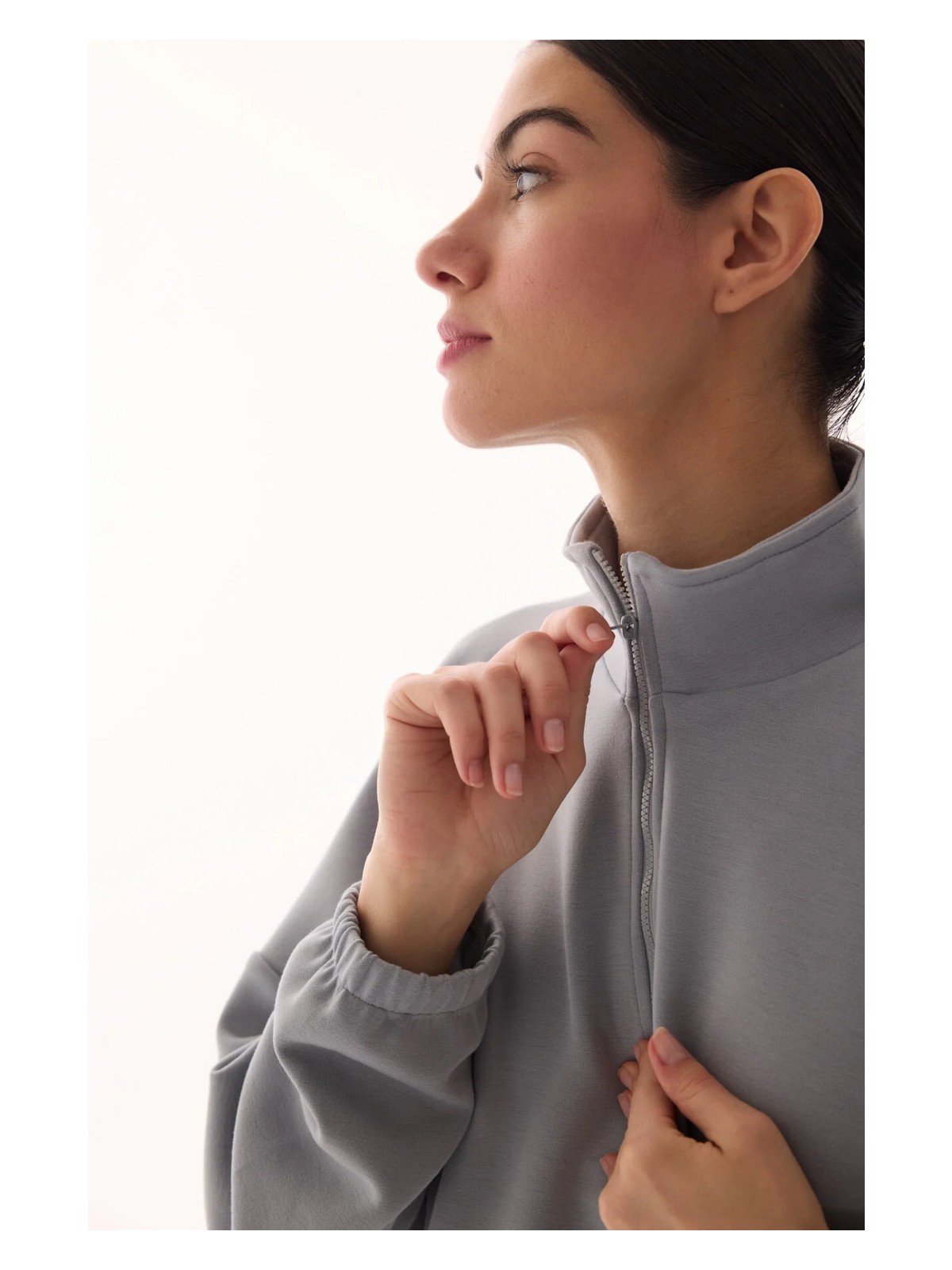 Penti Gri Silky Touch Dik Yaka Fermuarlı Crop Sweatshirt - Görsel 3