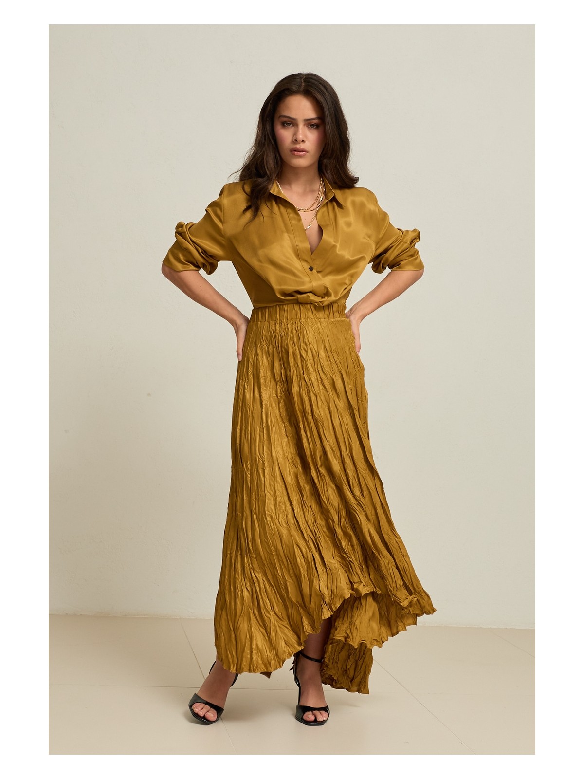 Setre Mor Belden Lastikli, Pilise Detaylı Midi Boy Rahat Kesim Etek - Görsel 4