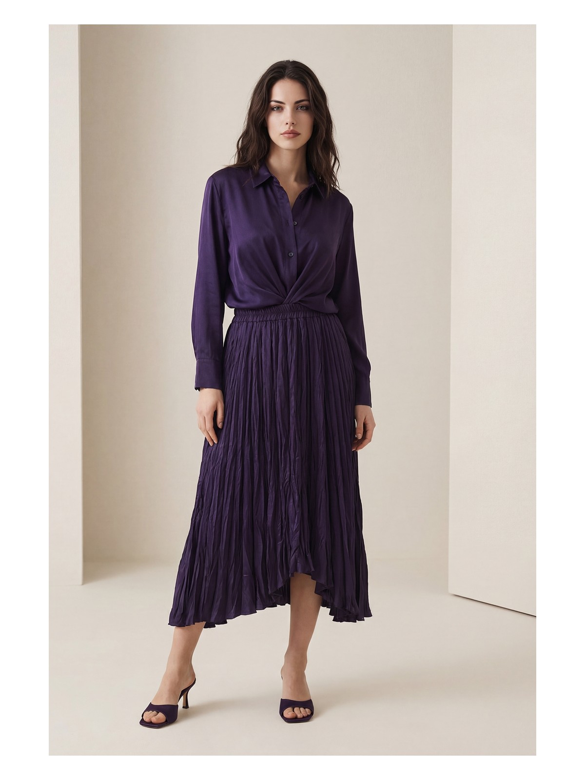 Setre Mor Belden Lastikli, Pilise Detaylı Midi Boy Rahat Kesim Etek