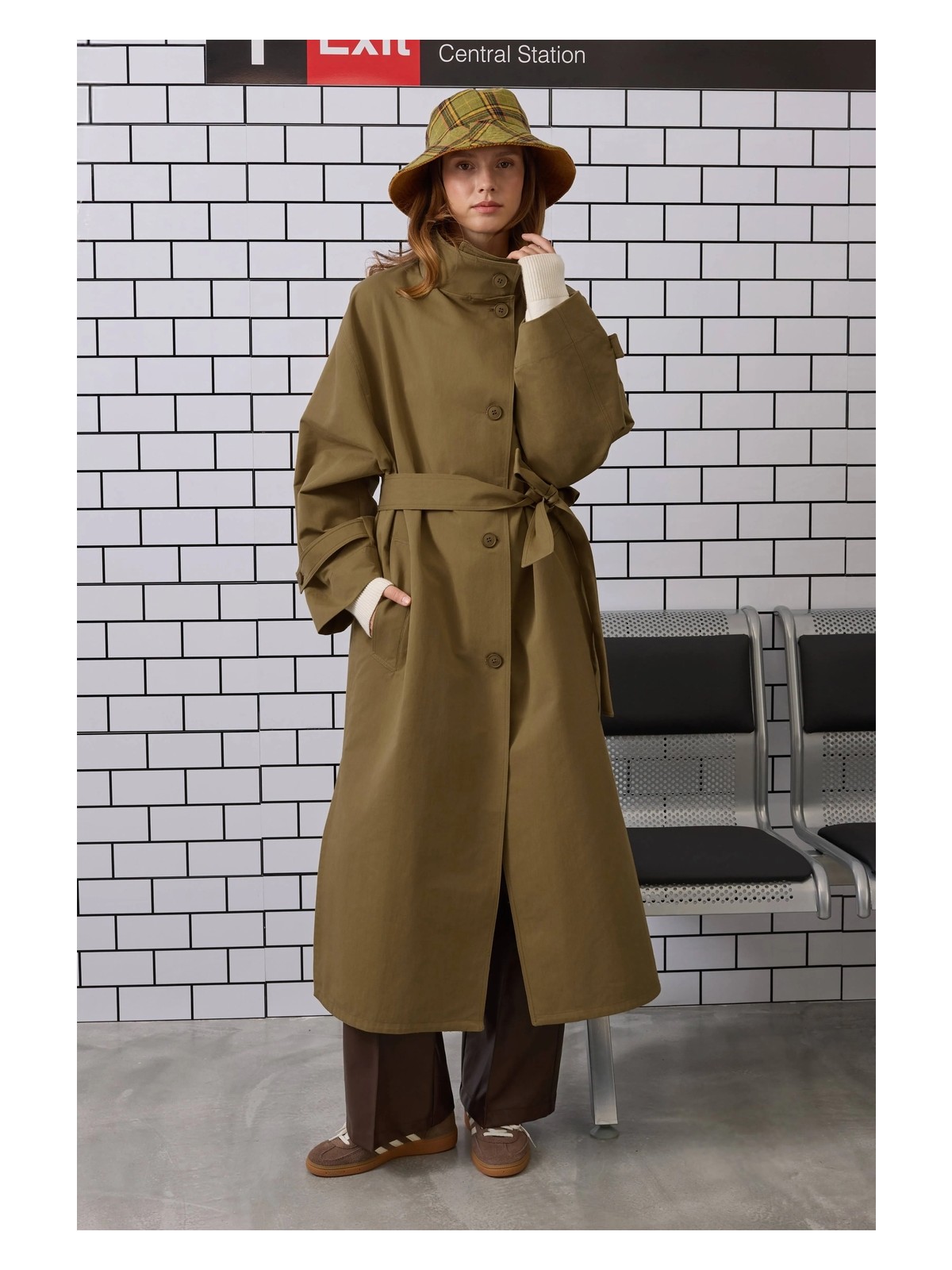 HE-QA Funnel Neck Uzun Trençkot Acı Kahve - Görsel 3